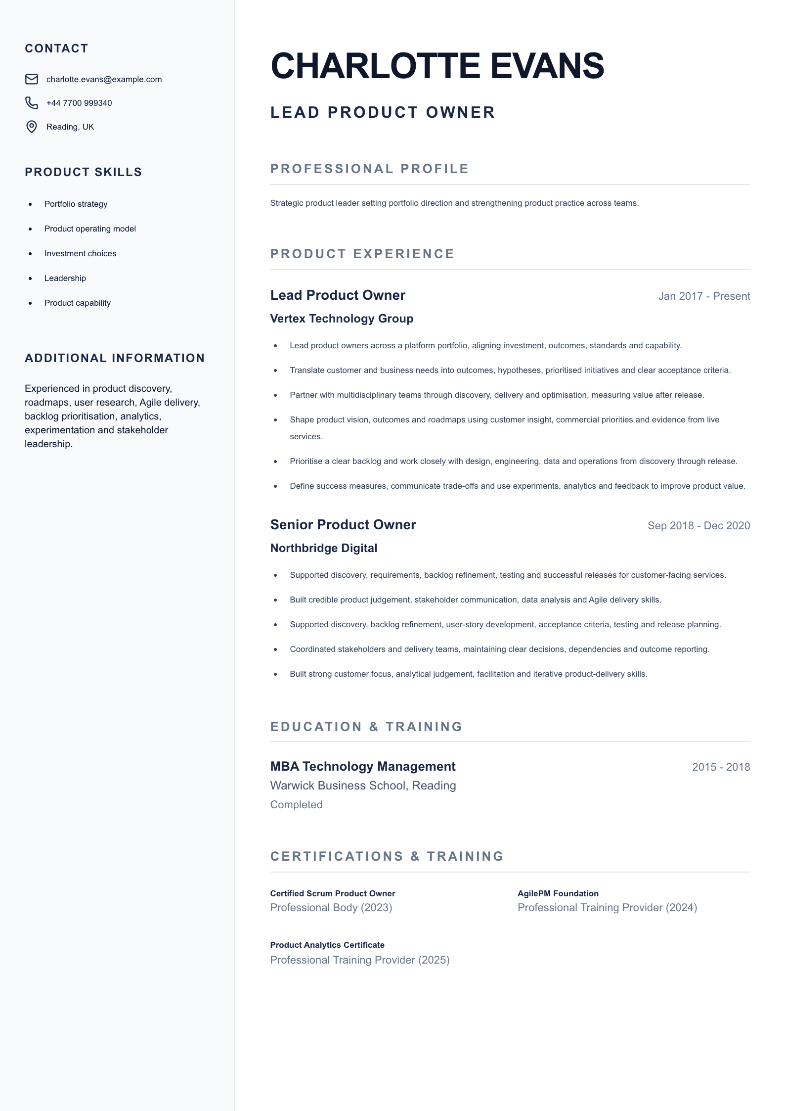Lead Product Owner CV template