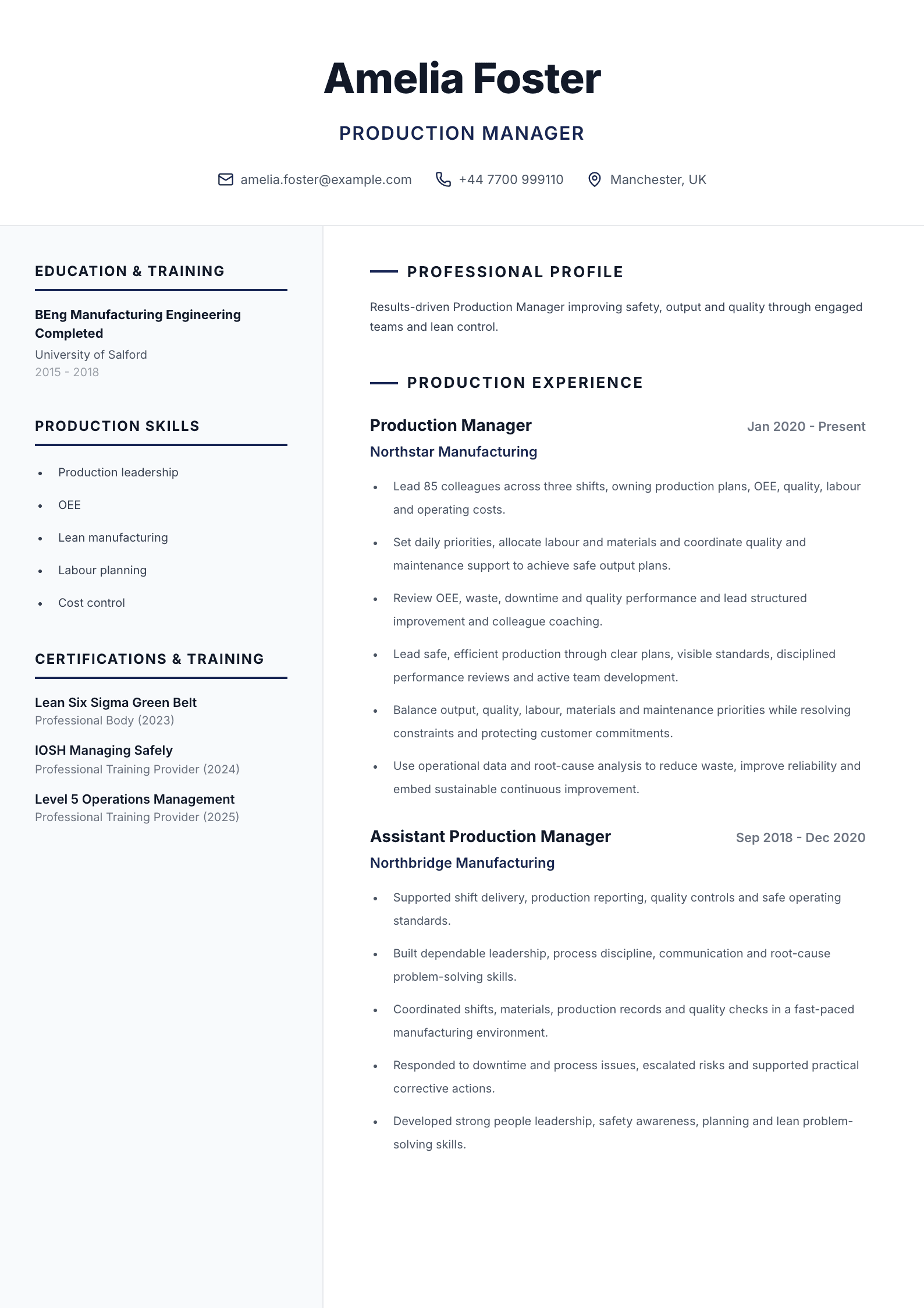 Production manager CV