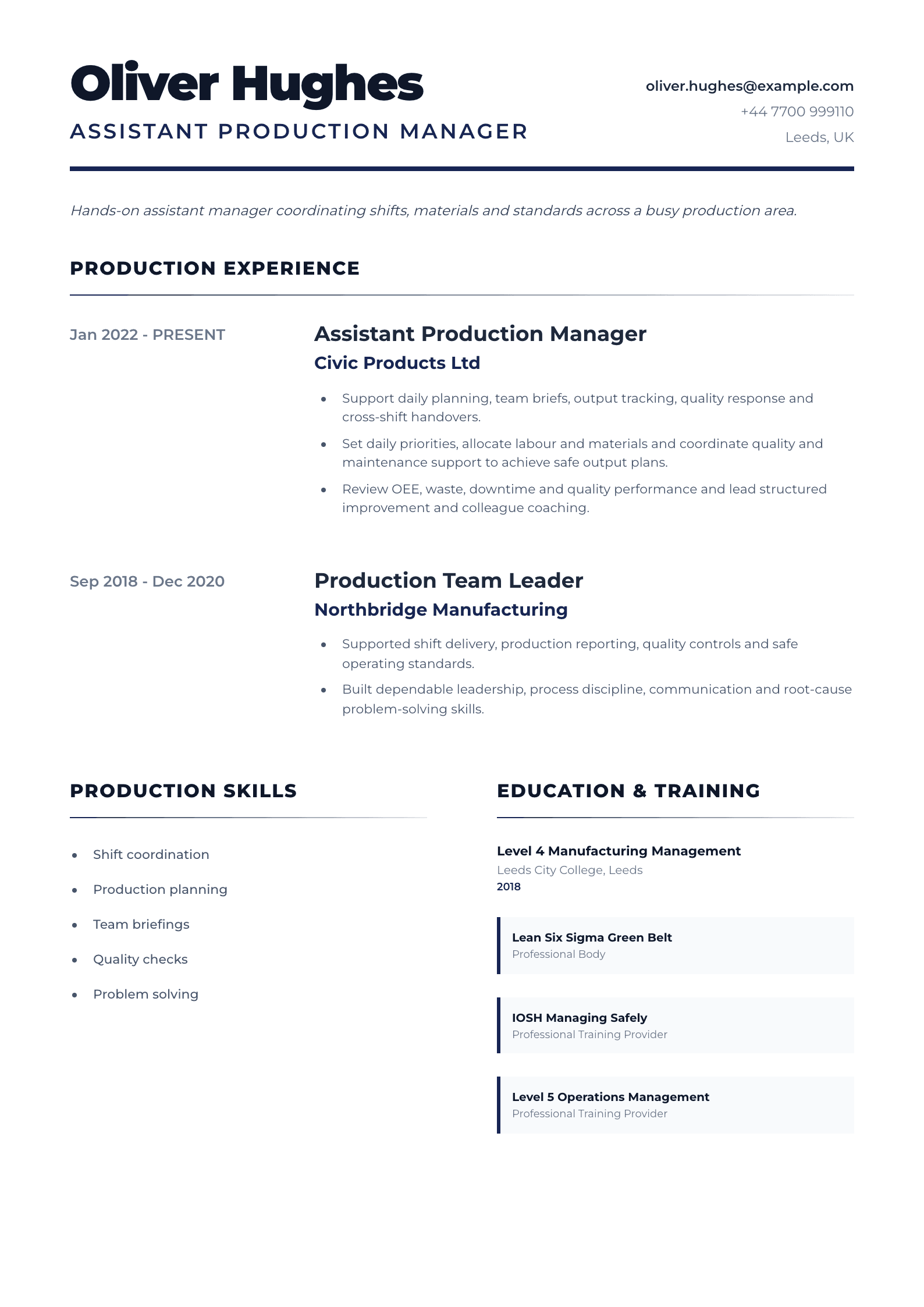 Assistant Production Manager CV template