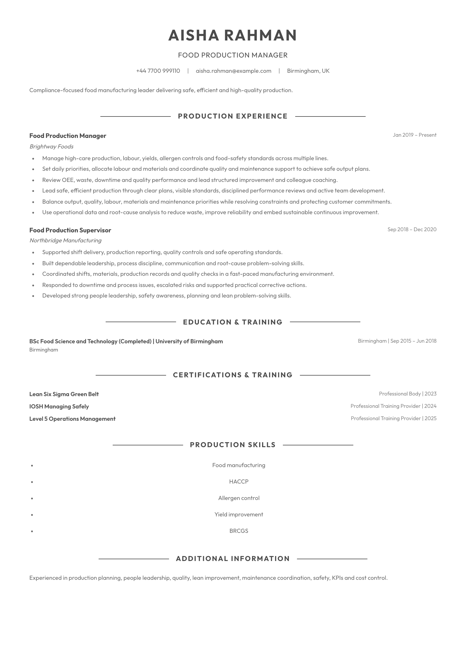 Food Production Manager CV template