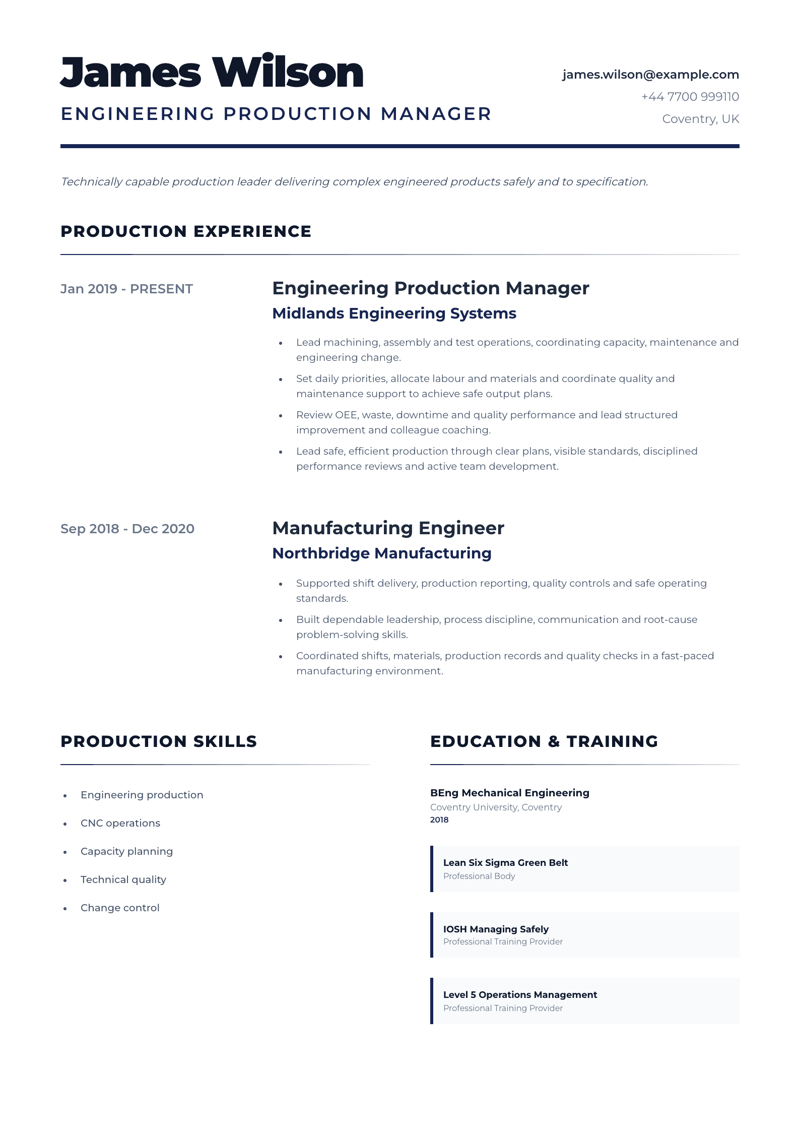 Engineering Production Manager CV template