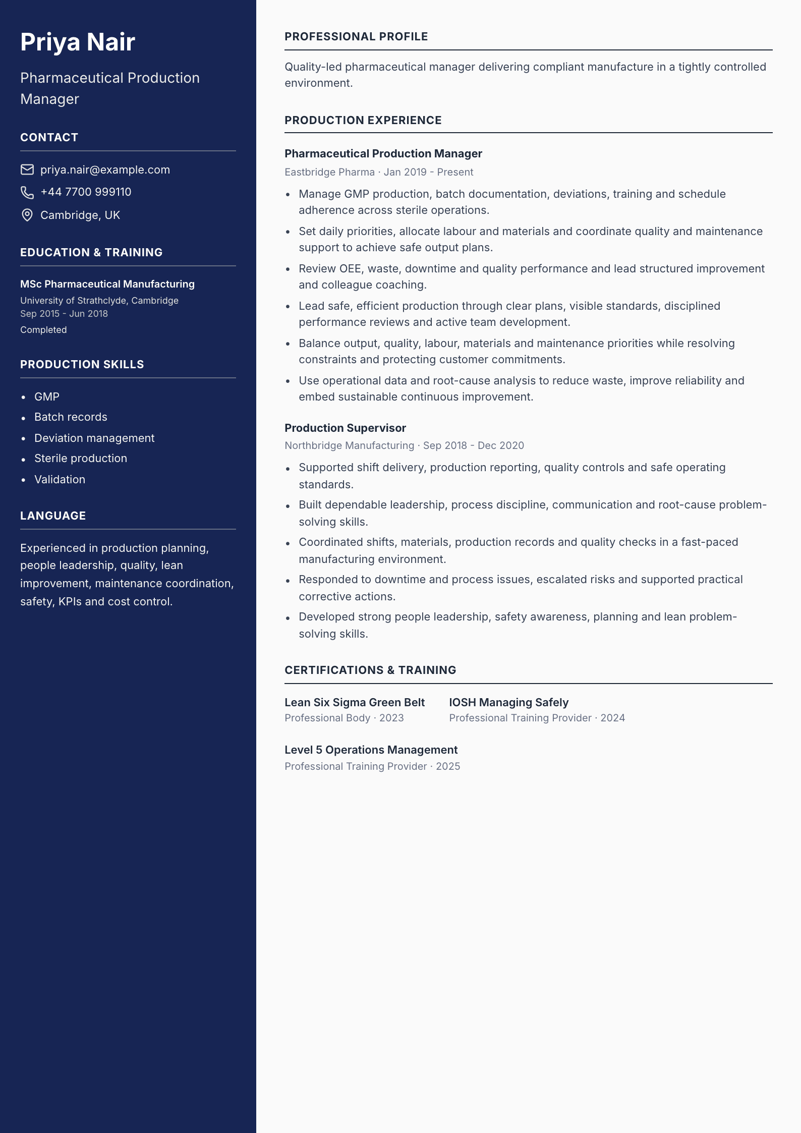 Pharmaceutical Production Manager CV template