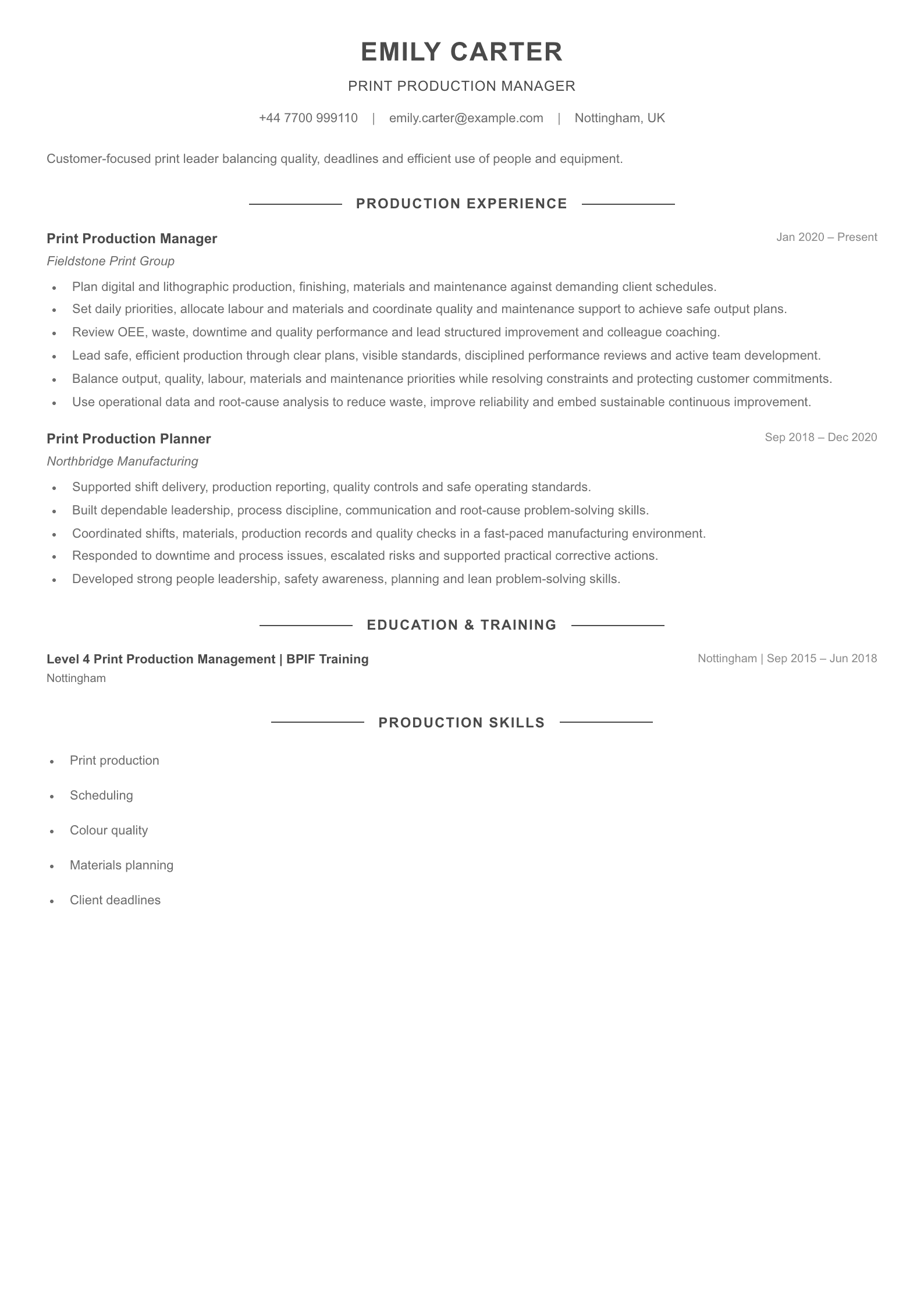 Print Production Manager CV template