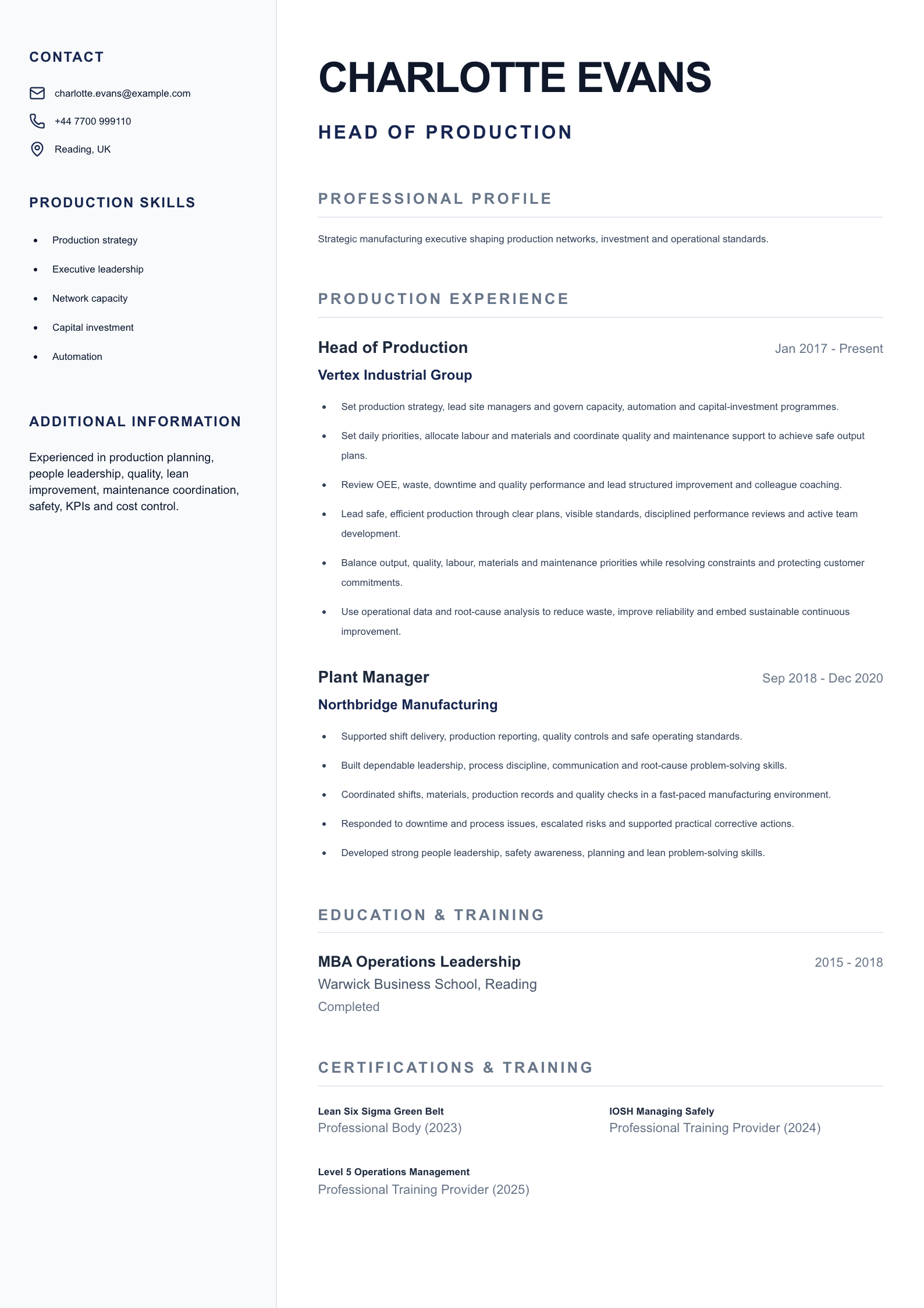 Head of Production CV template