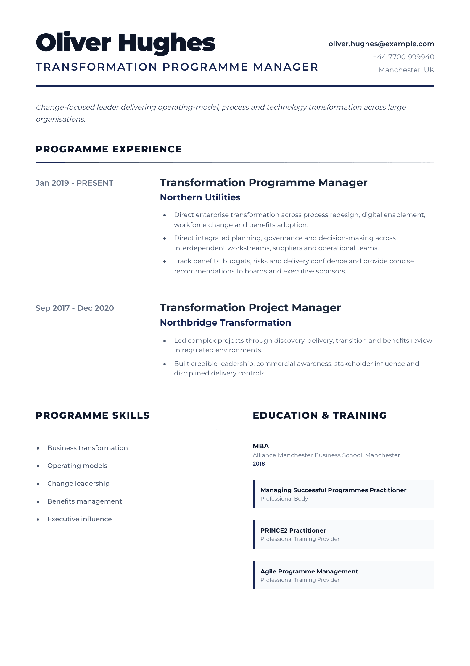 Transformation Programme Manager CV template