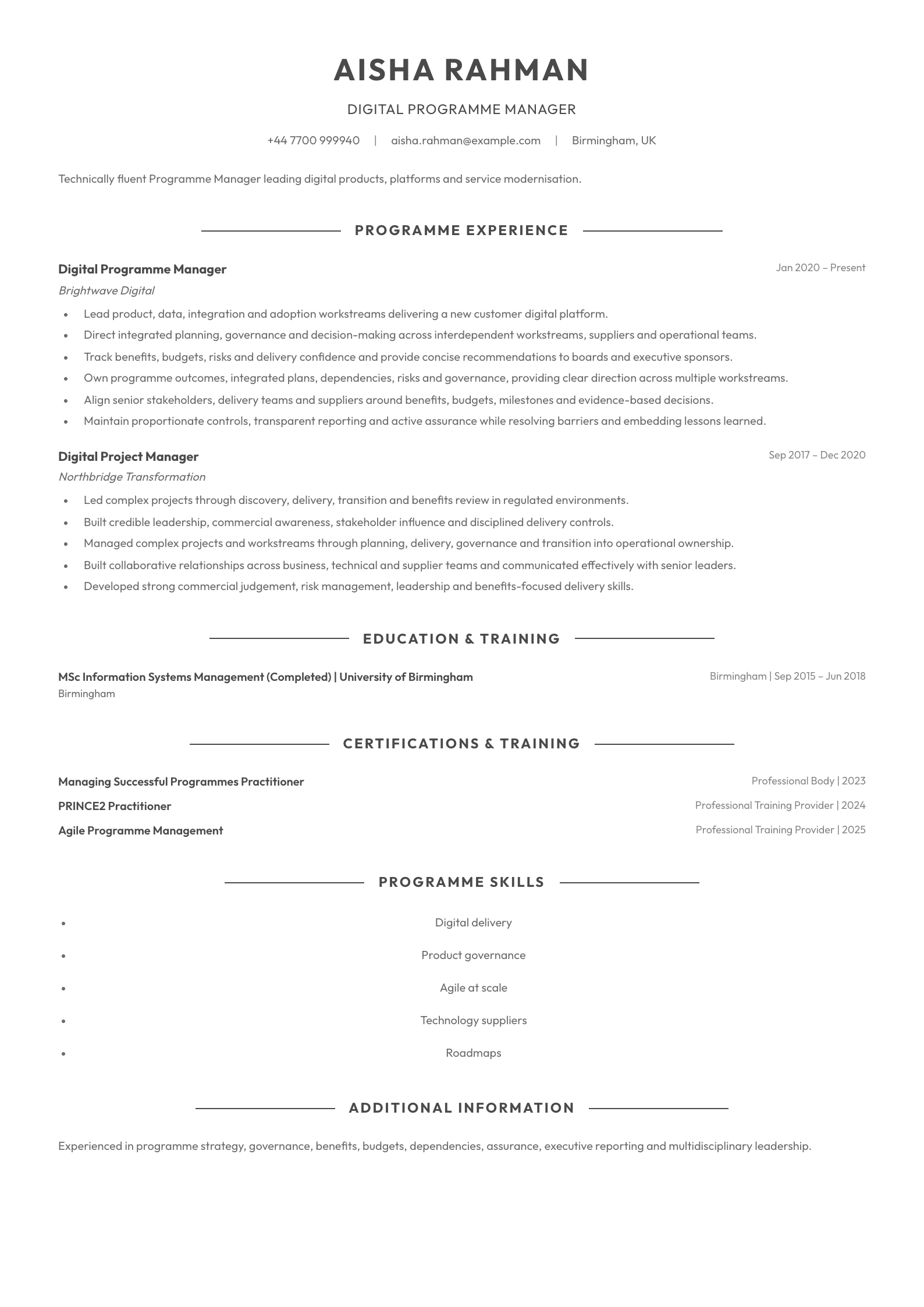 Digital Programme Manager CV template