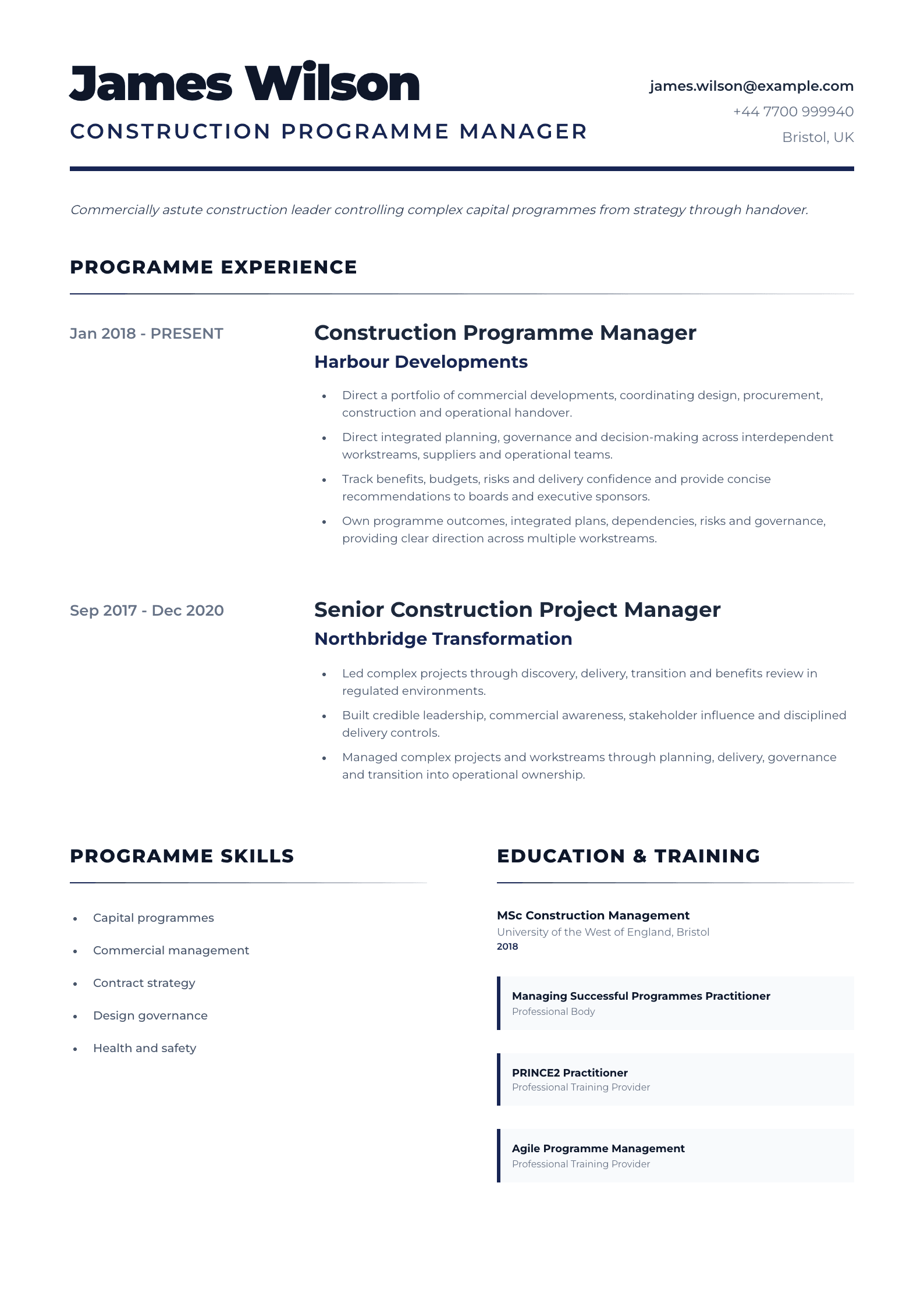 Construction Programme Manager CV template