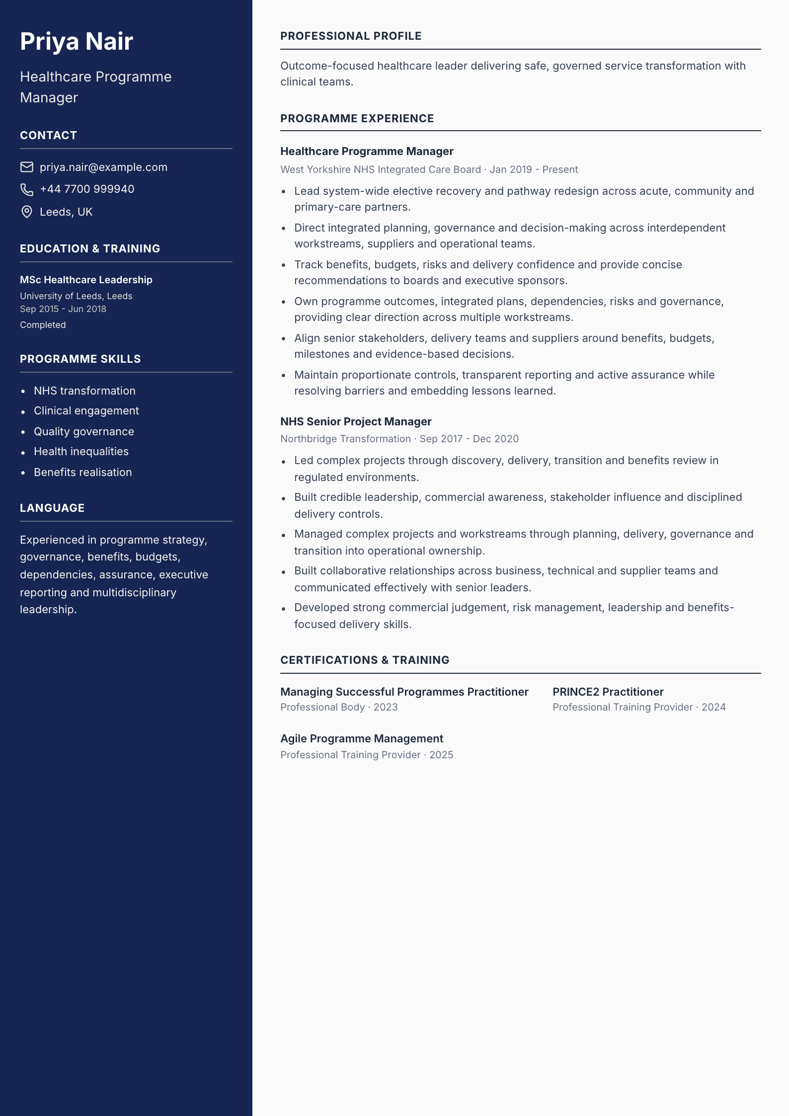 Healthcare Programme Manager CV template