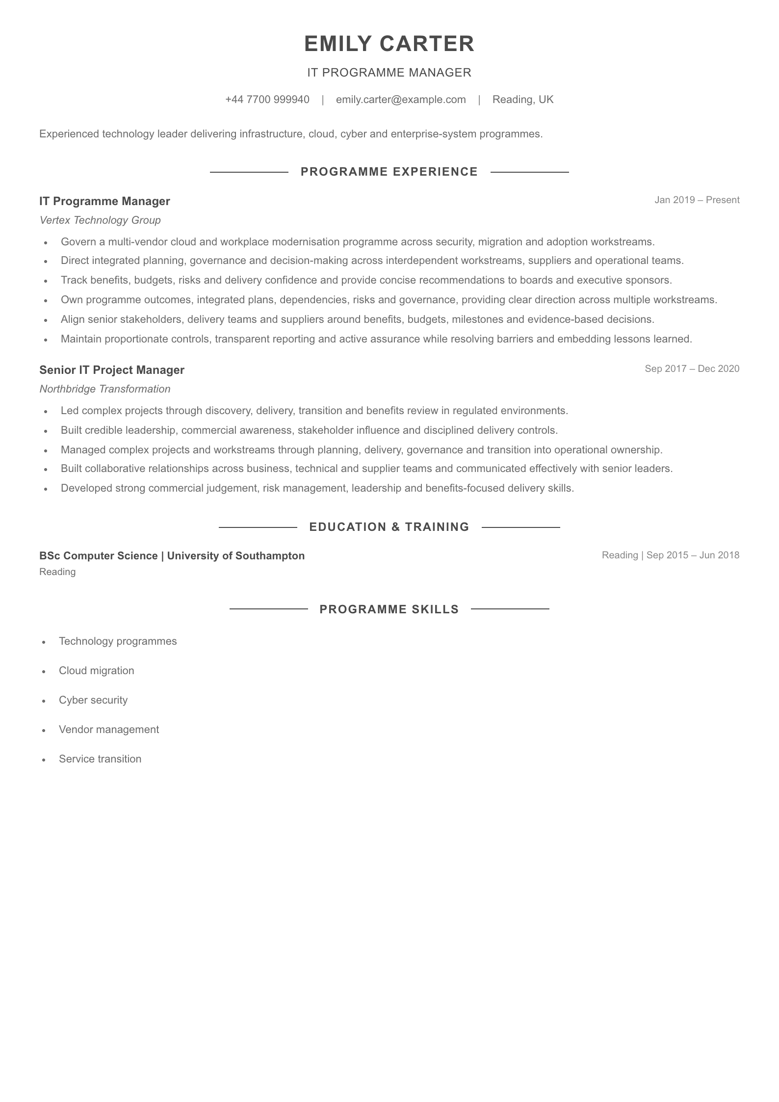IT Programme Manager CV template