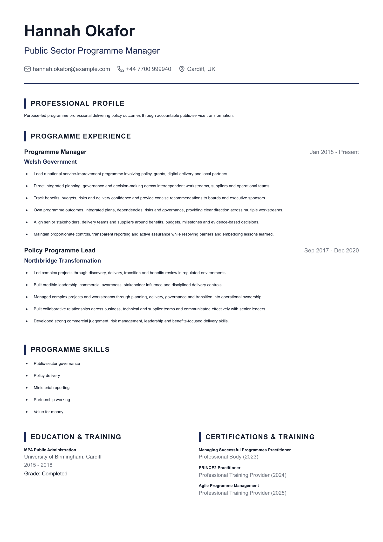 Public Sector Programme Manager CV template