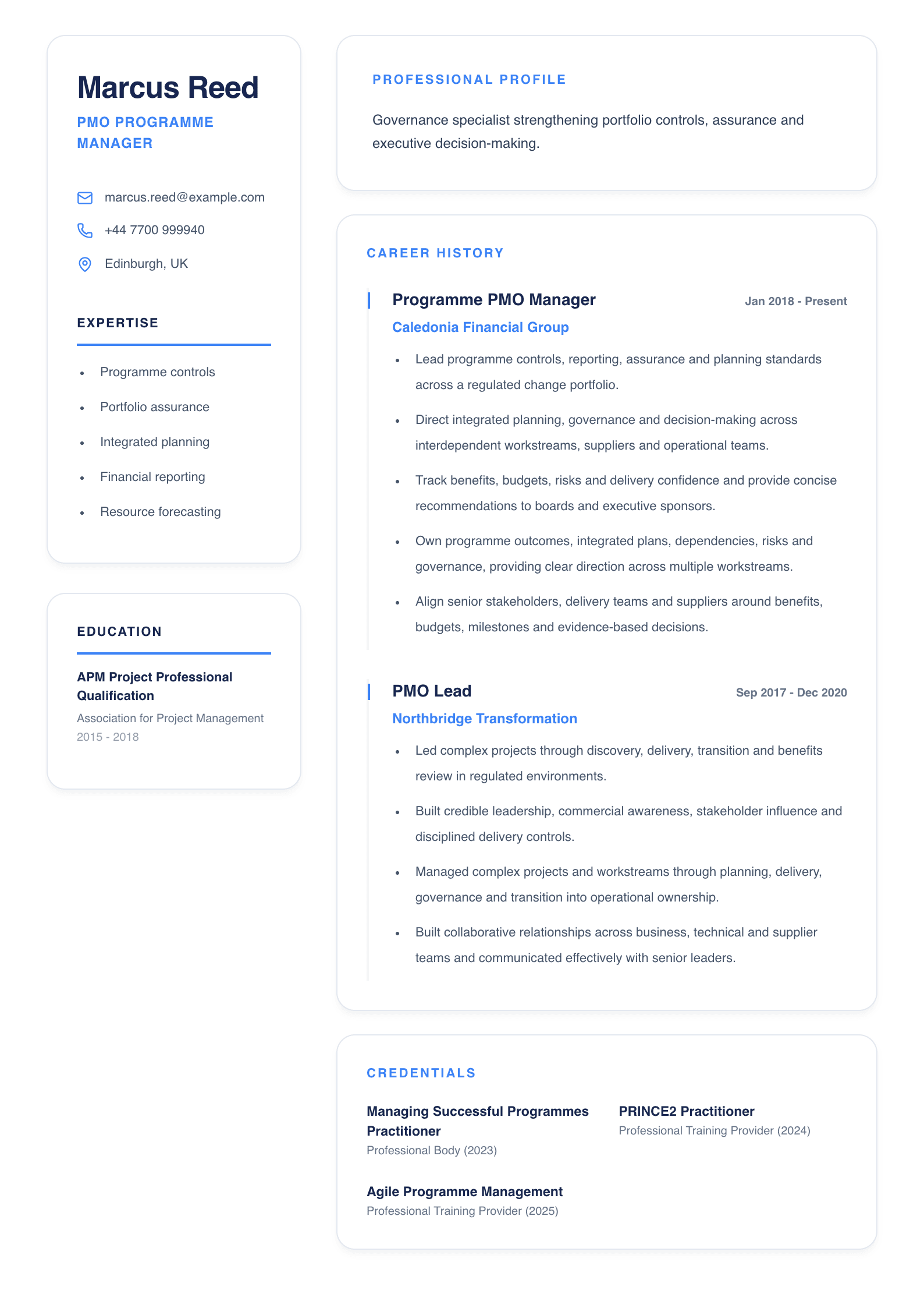 PMO Programme Manager CV template