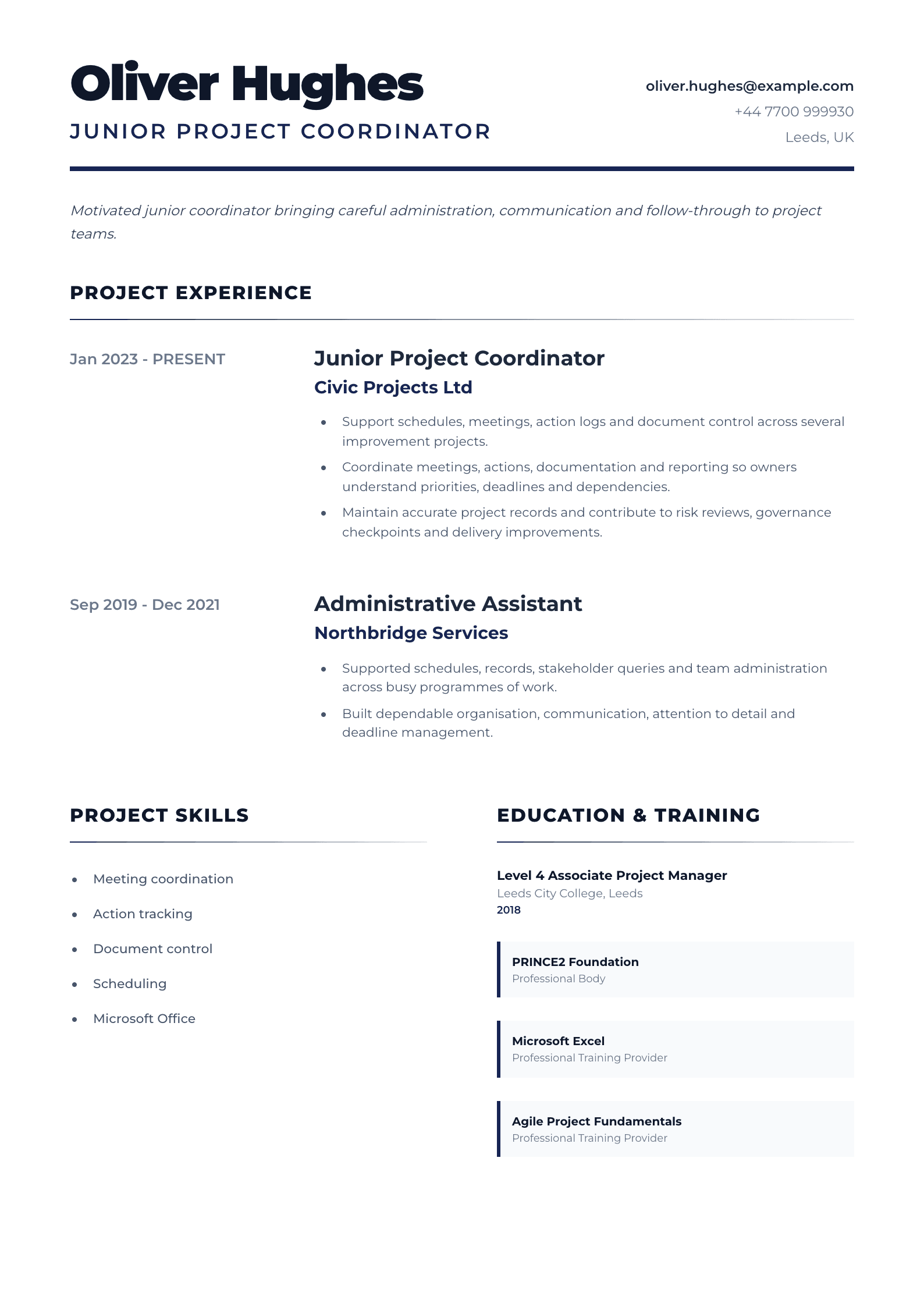 Junior Project Coordinator CV template