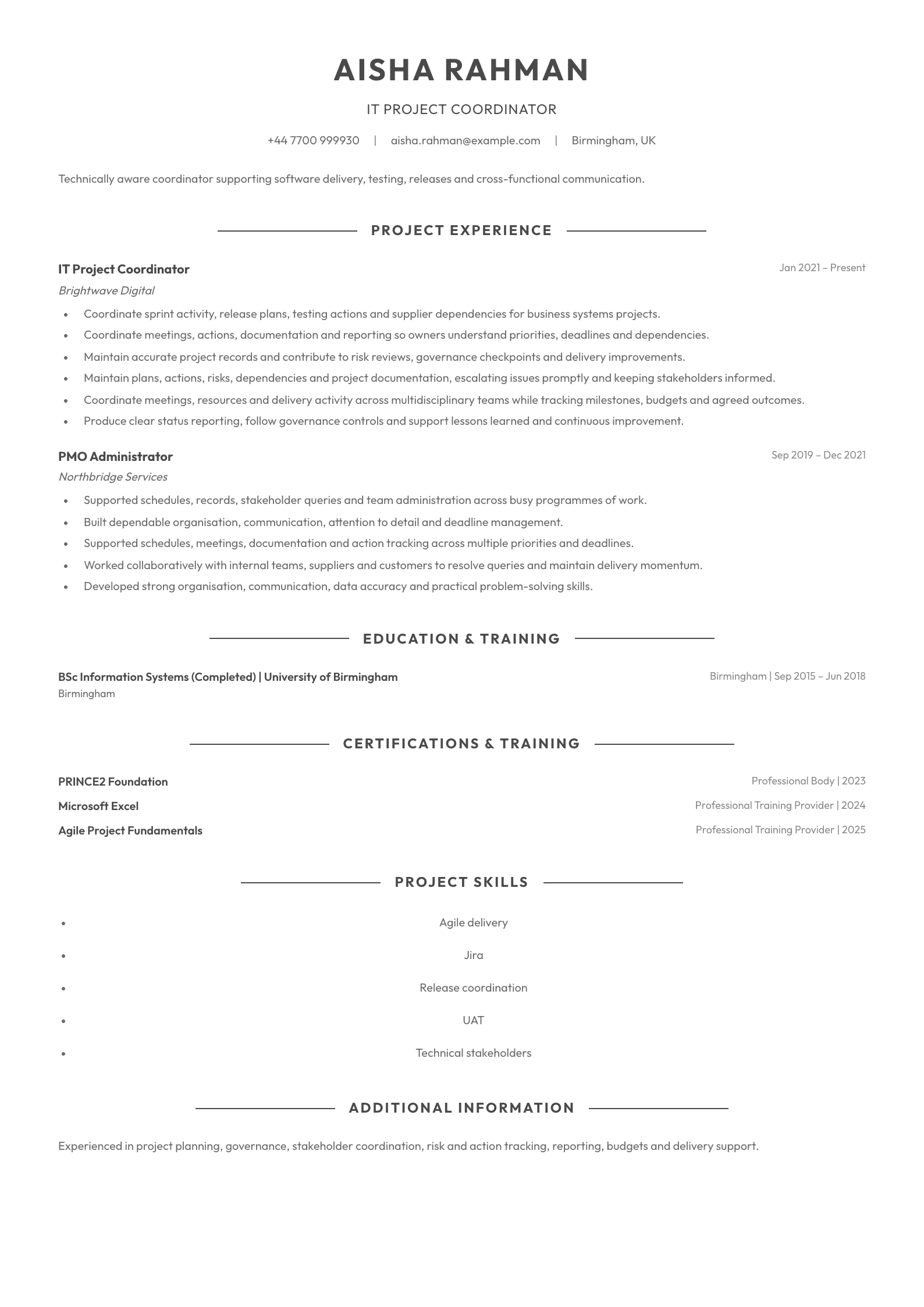 IT Project Coordinator CV template