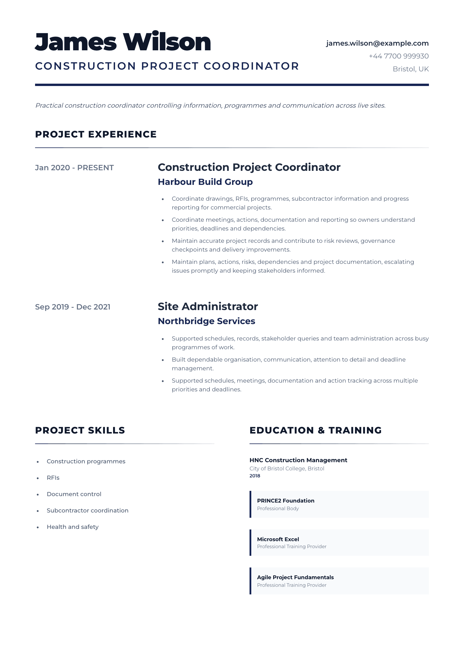 Construction Project Coordinator CV template