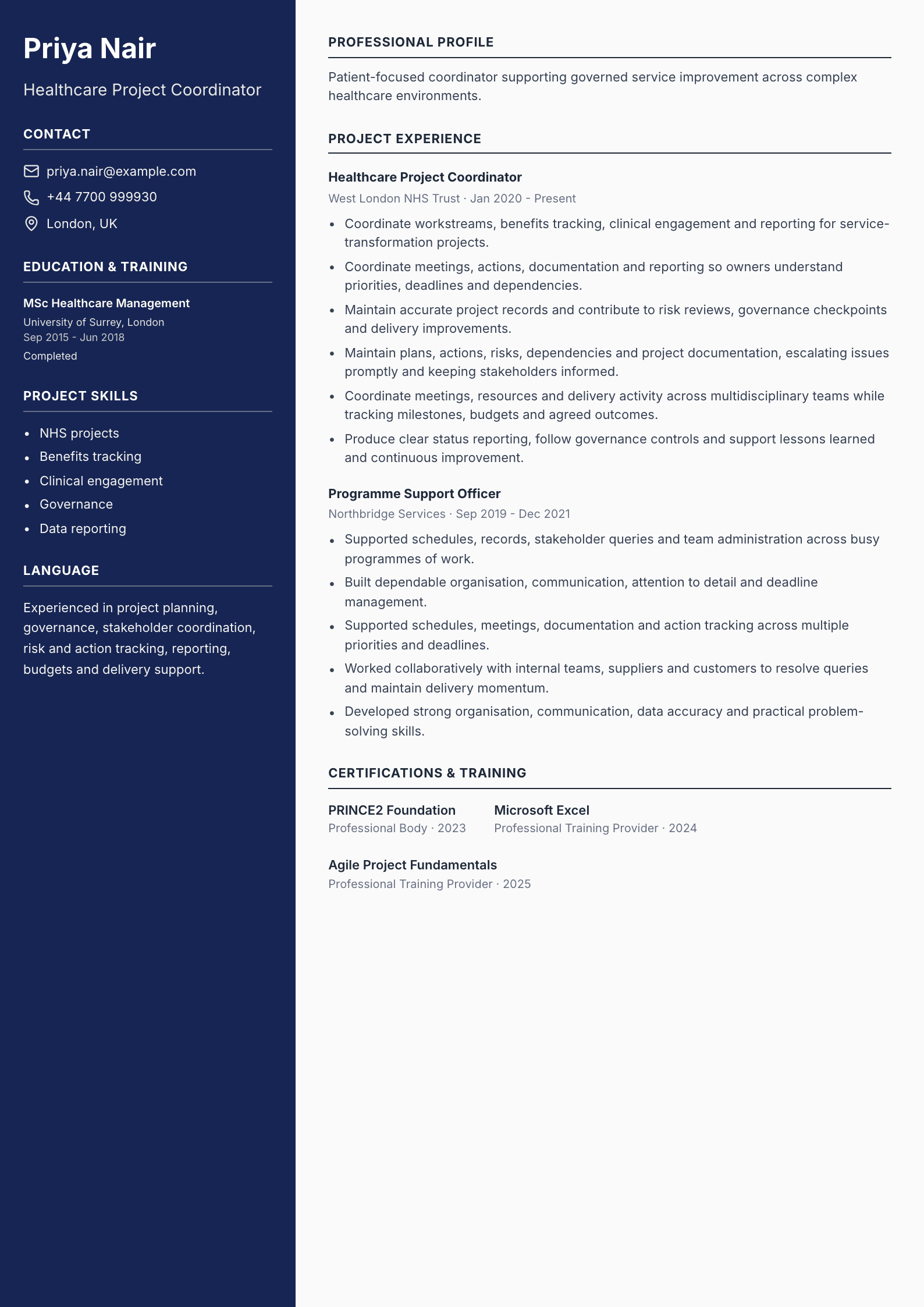 Healthcare Project Coordinator CV template