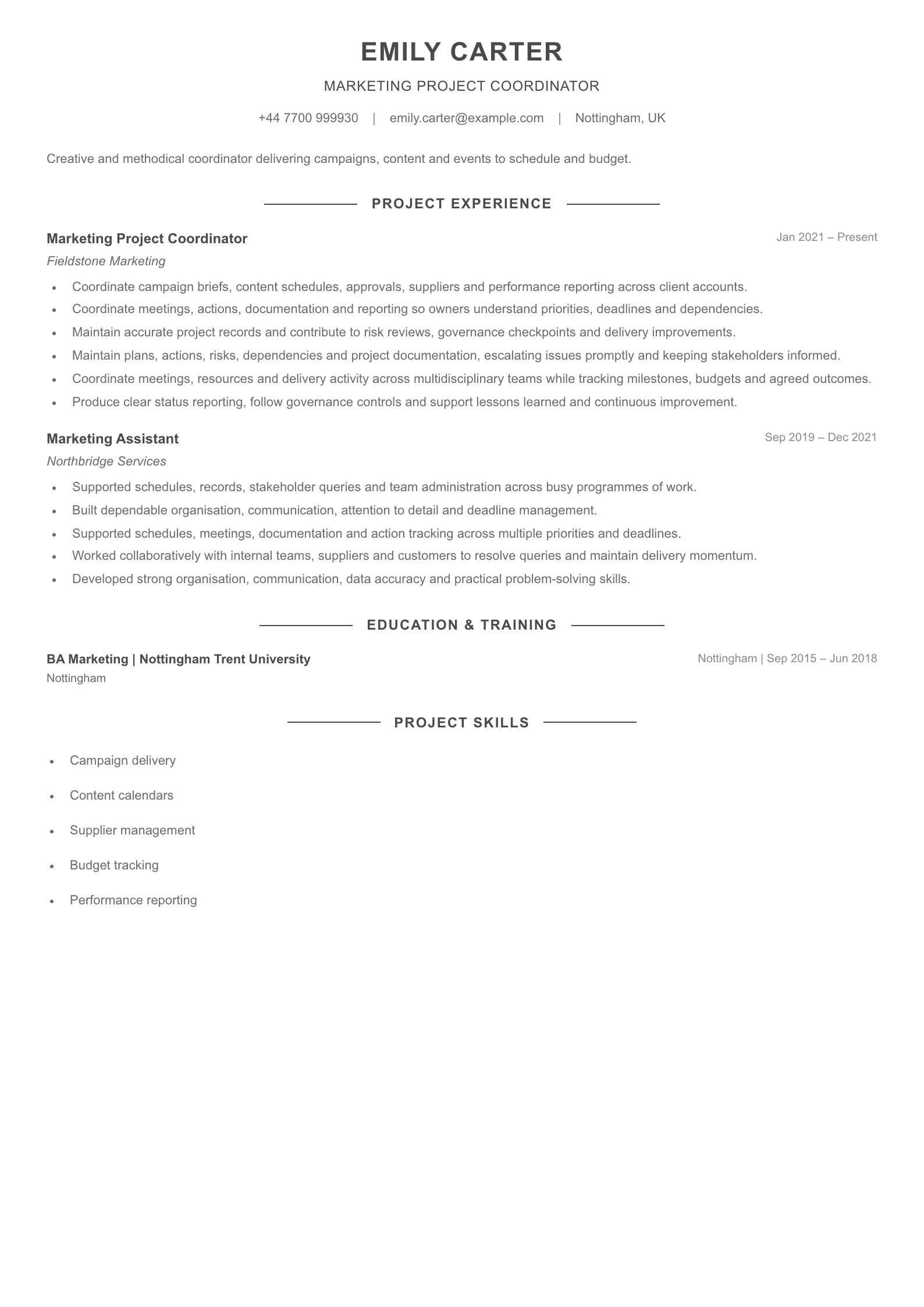 Marketing Project Coordinator CV template