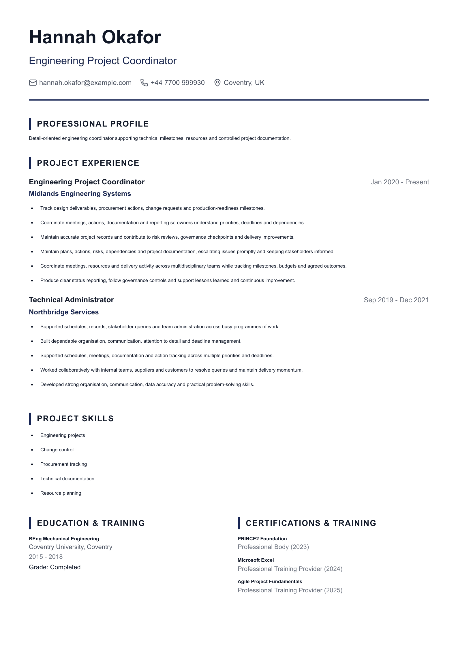 Engineering Project Coordinator CV template