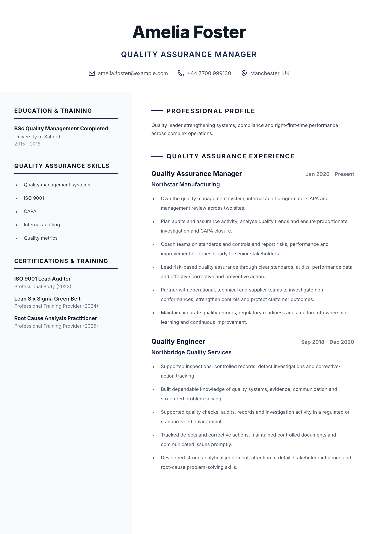 Quality assurance manager CV