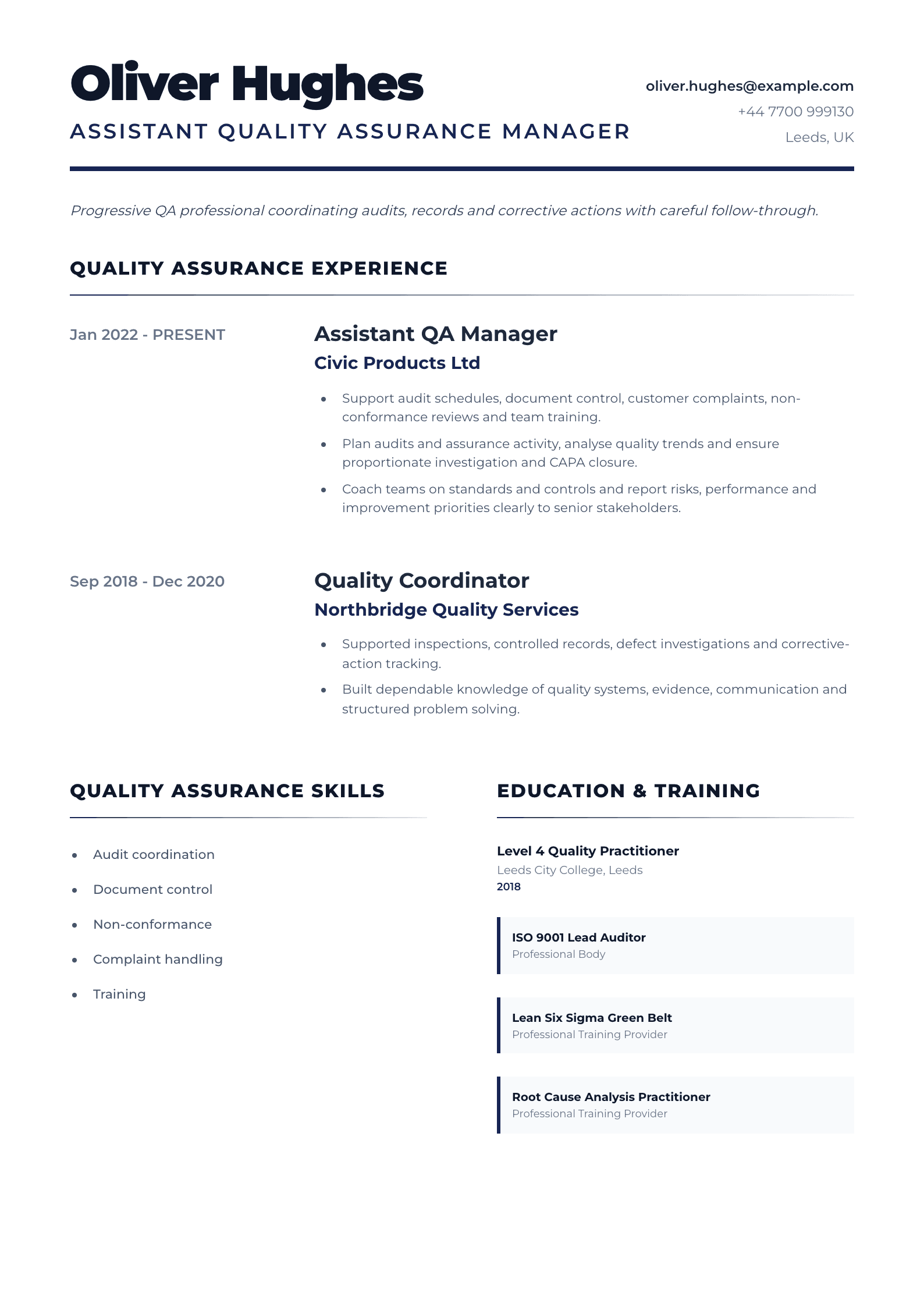 Assistant QA Manager CV template