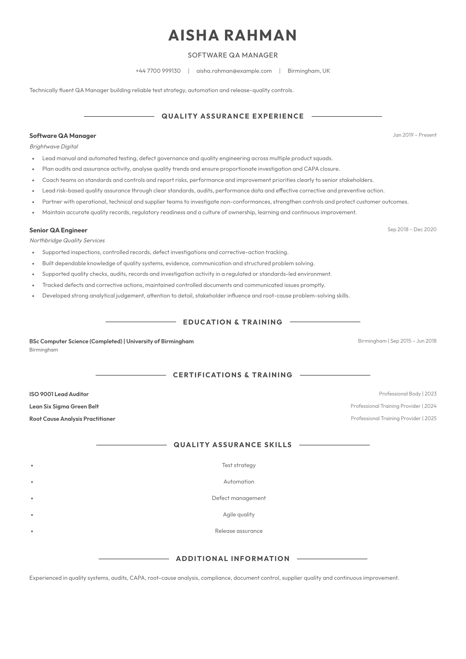 Software QA Manager CV template