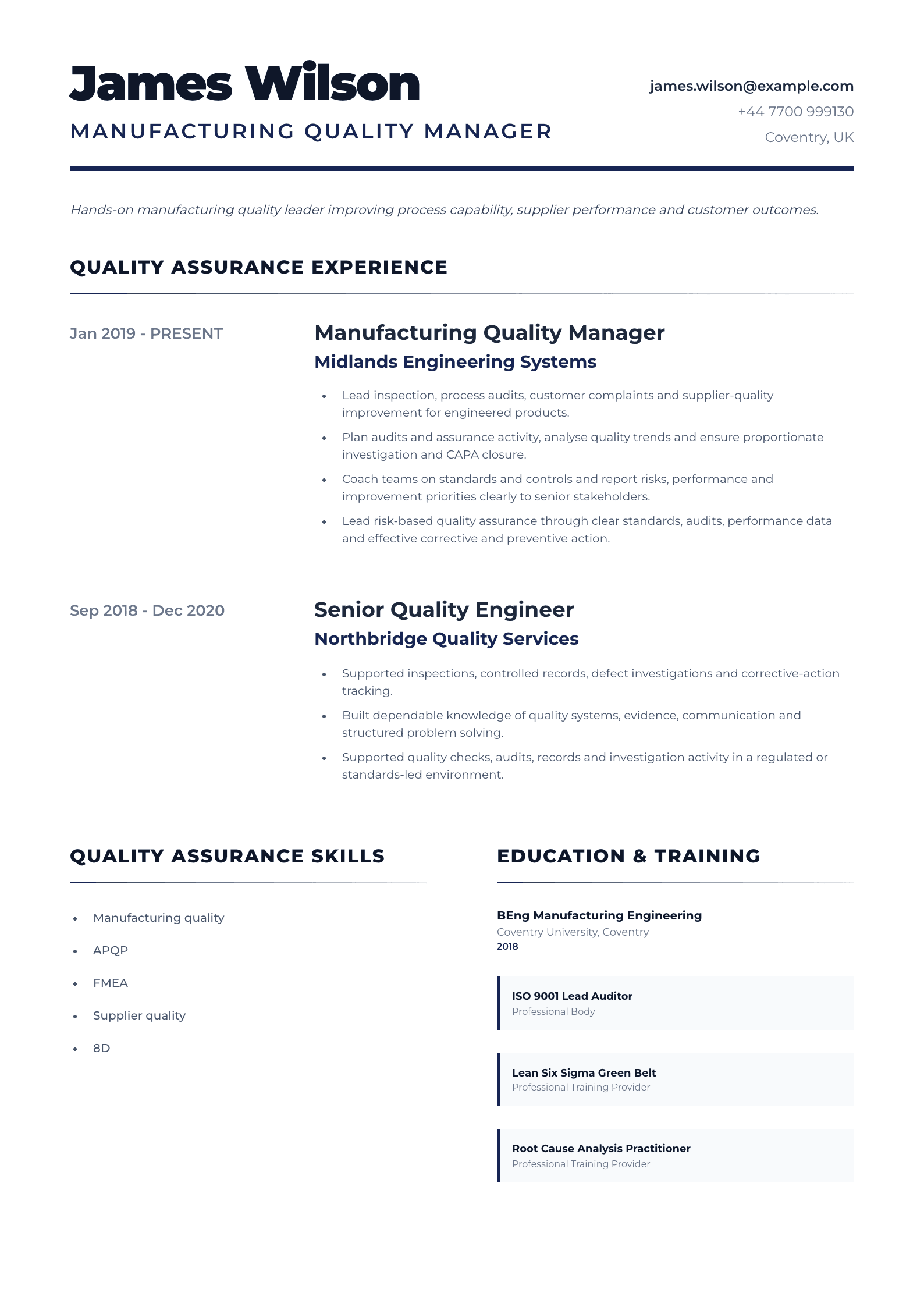 Manufacturing Quality Manager CV template