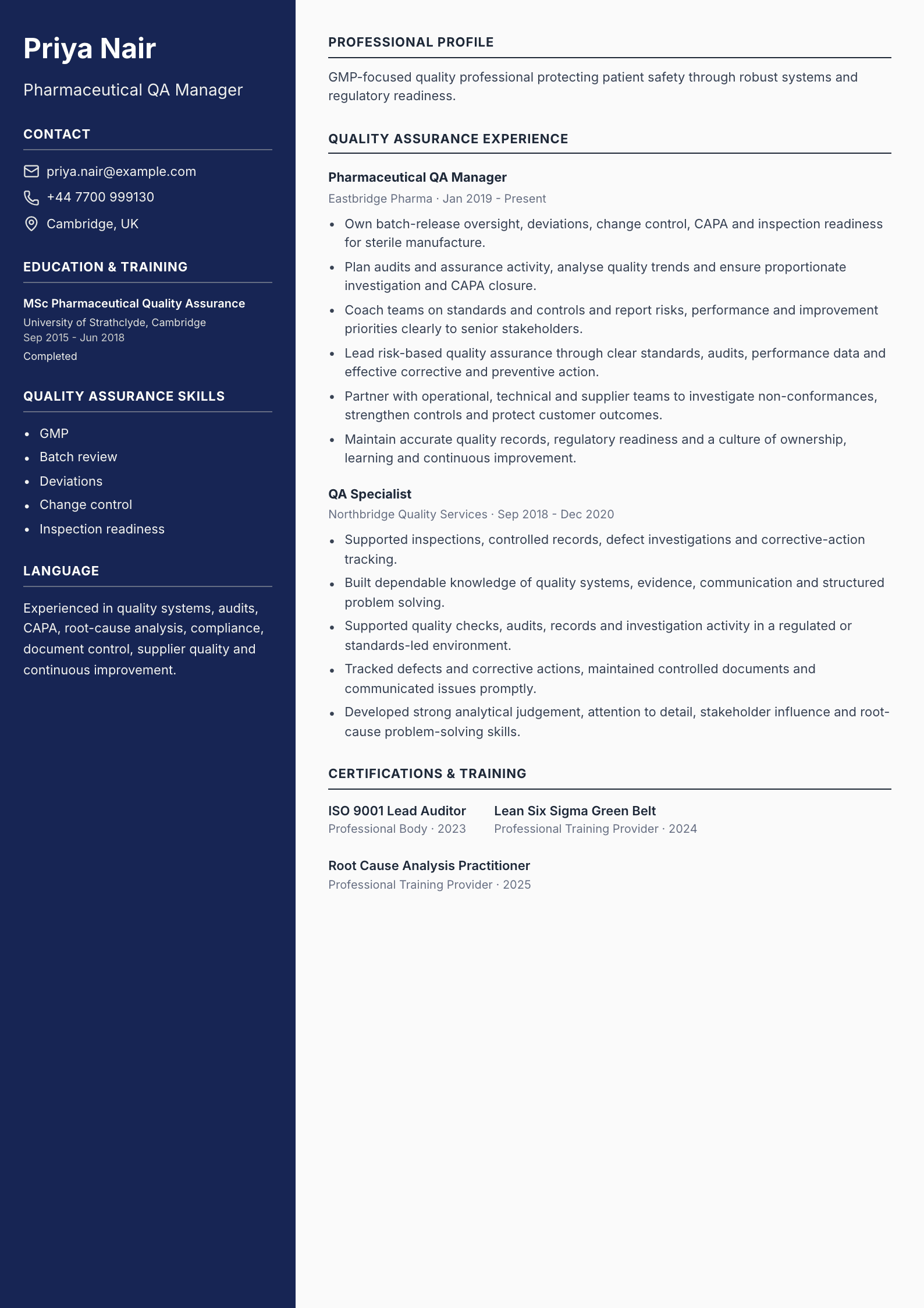 Pharmaceutical QA Manager CV template
