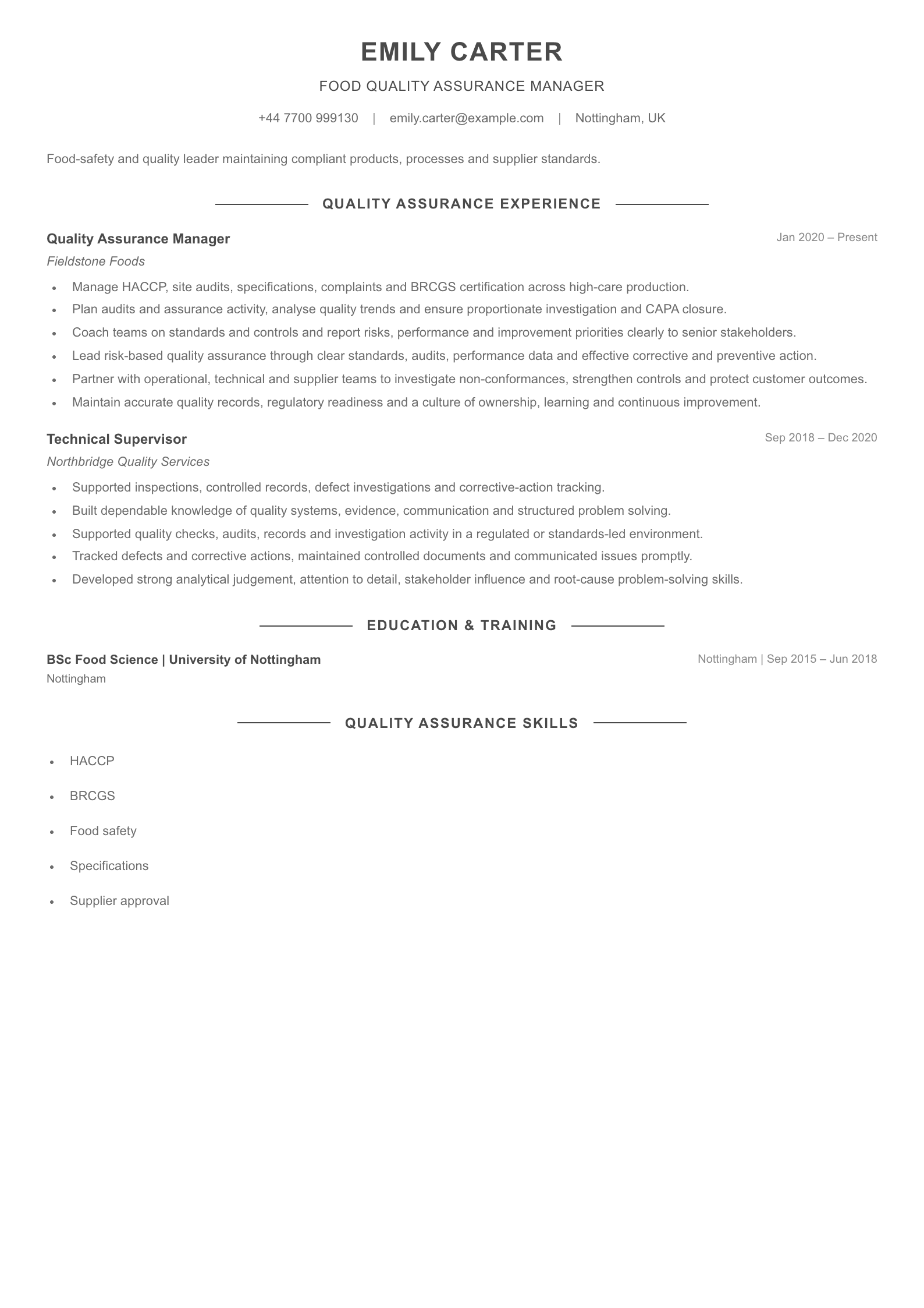Food Quality Assurance Manager CV template