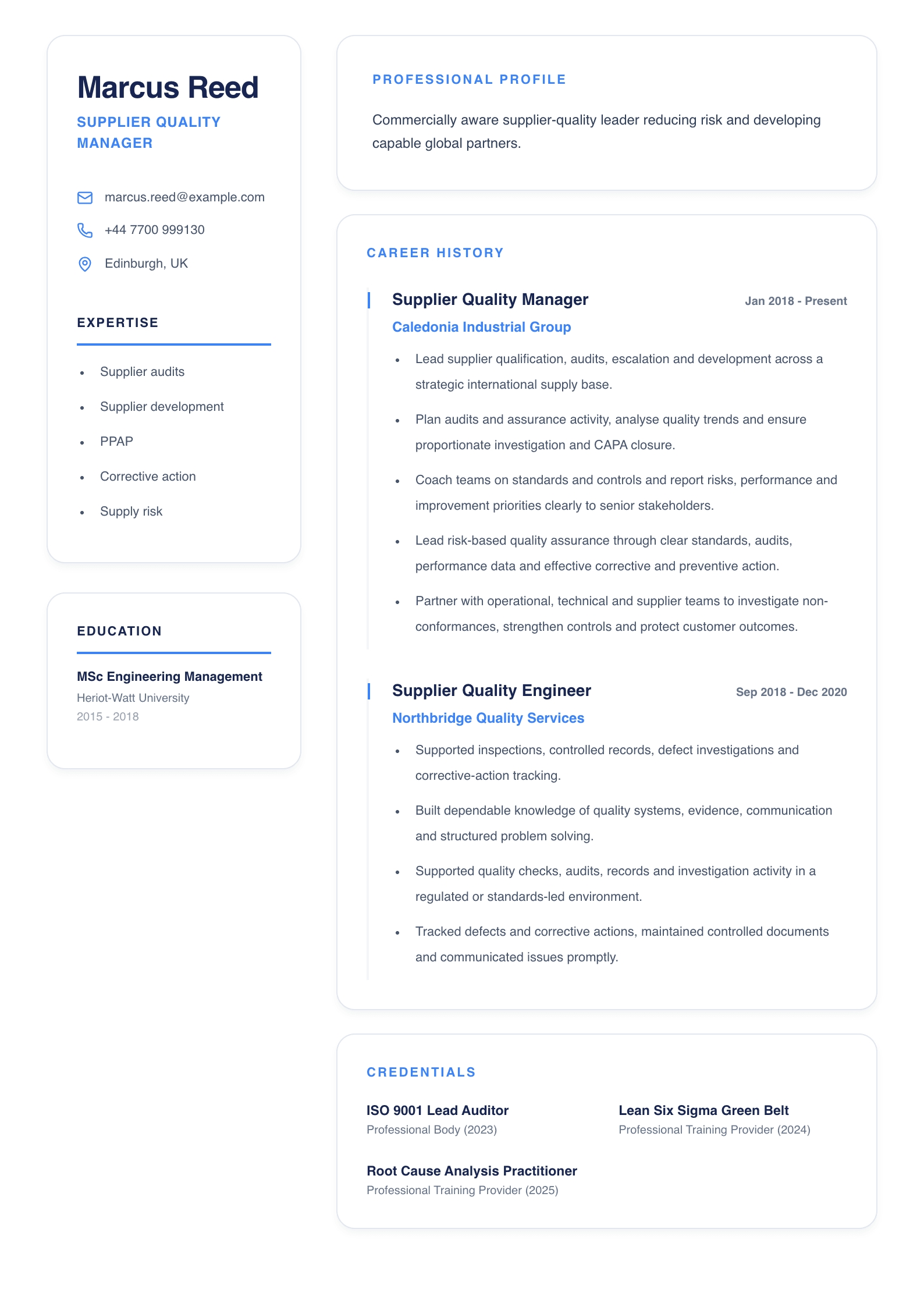 Supplier Quality Manager CV template