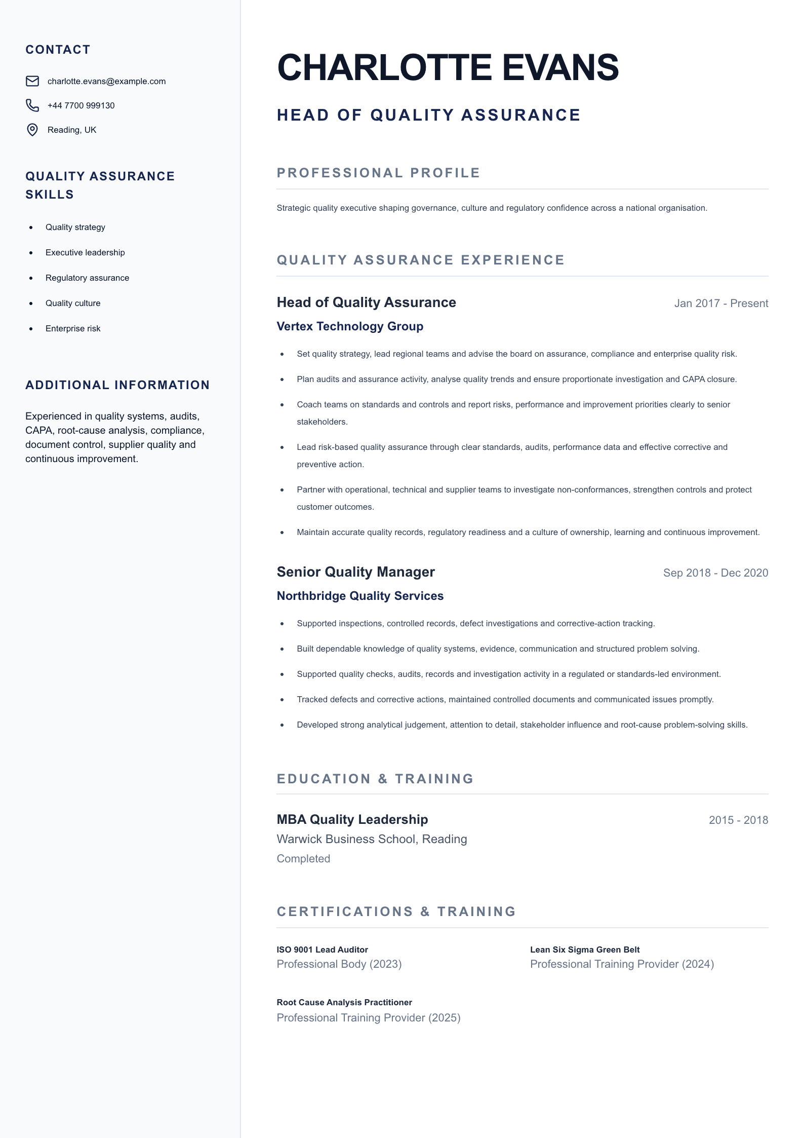 Head of Quality Assurance CV template