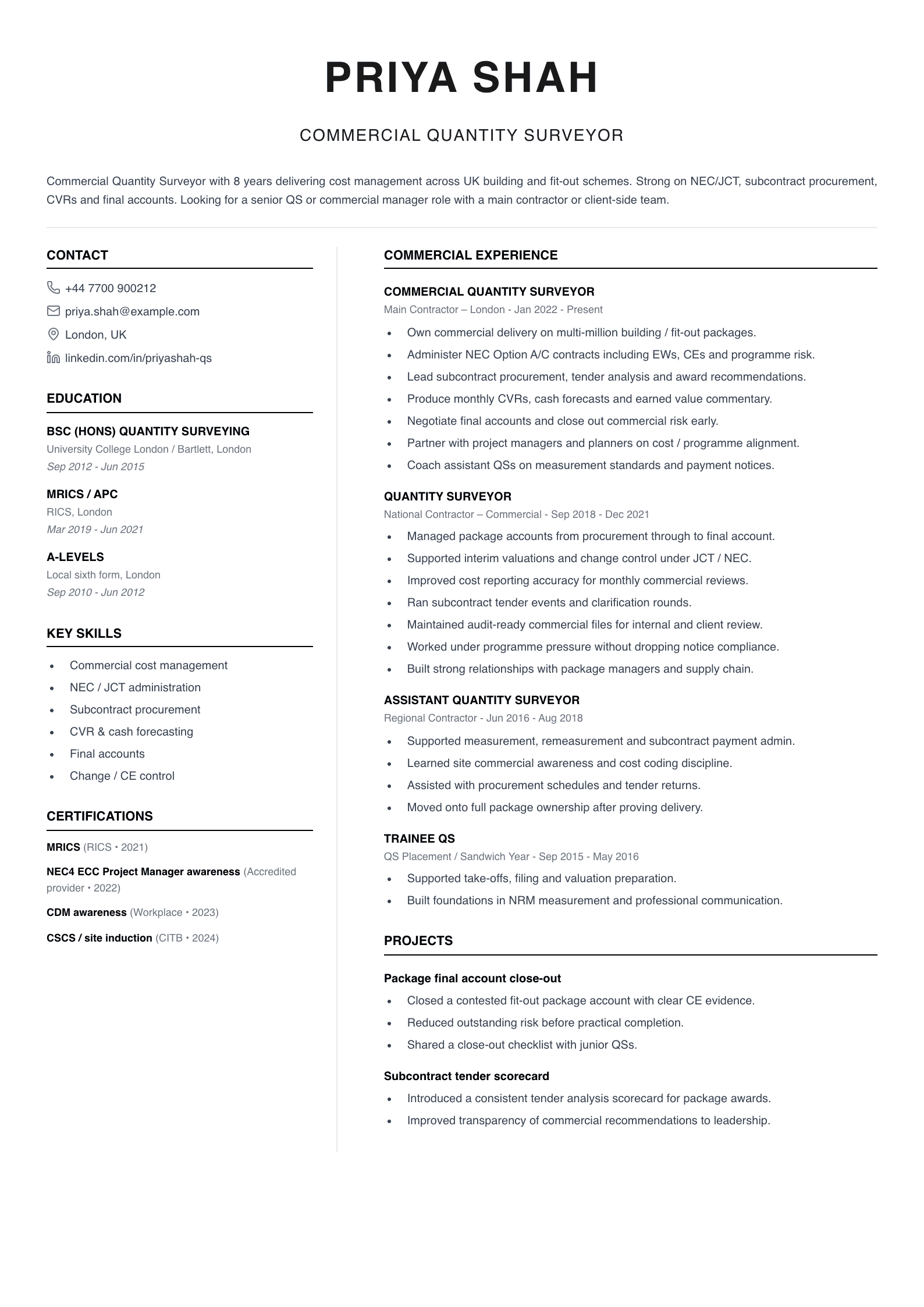 commercial quantity surveyor CV template