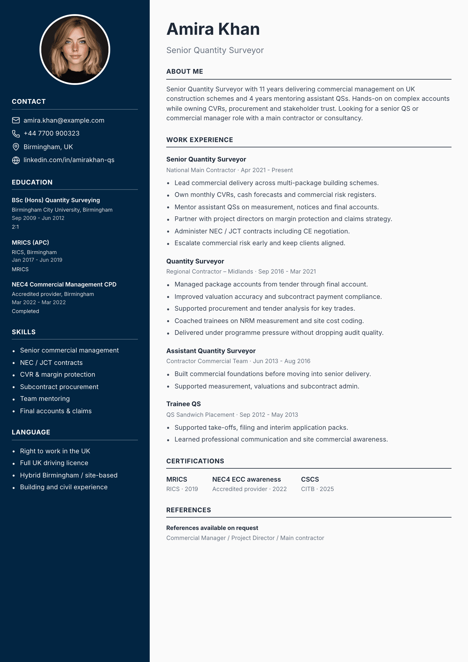 Senior quantity surveyor CV template