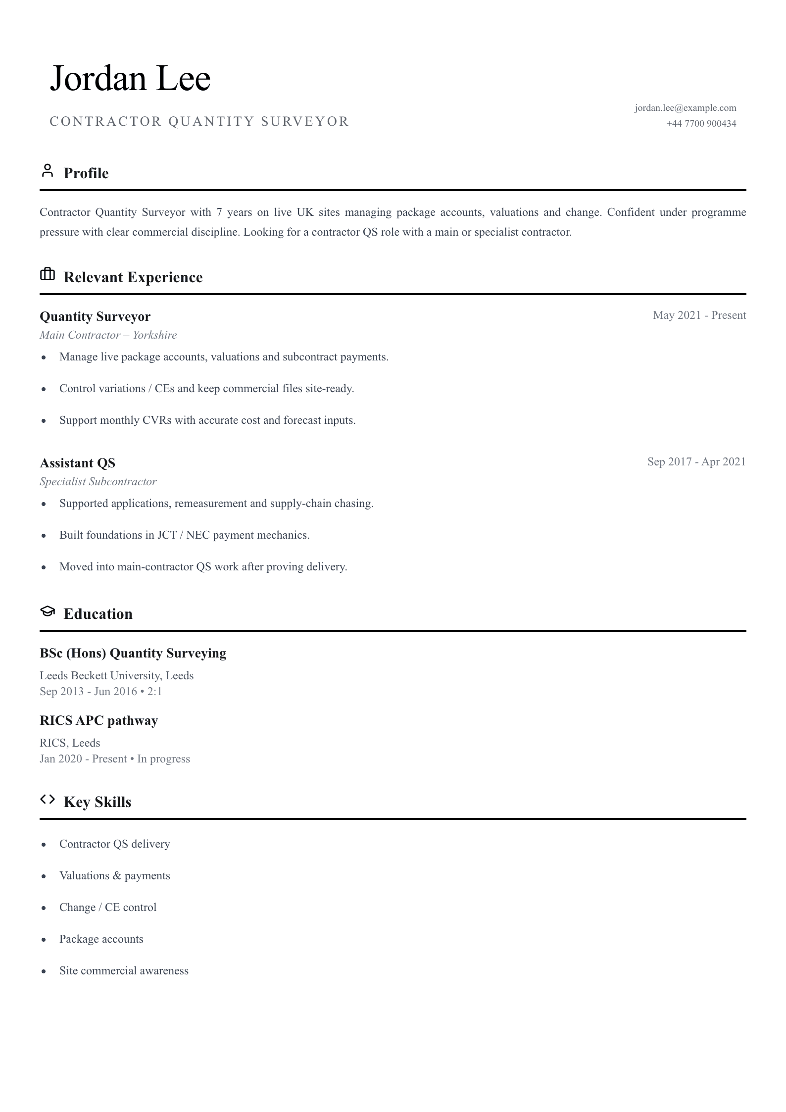 Contractor quantity surveyor CV template
