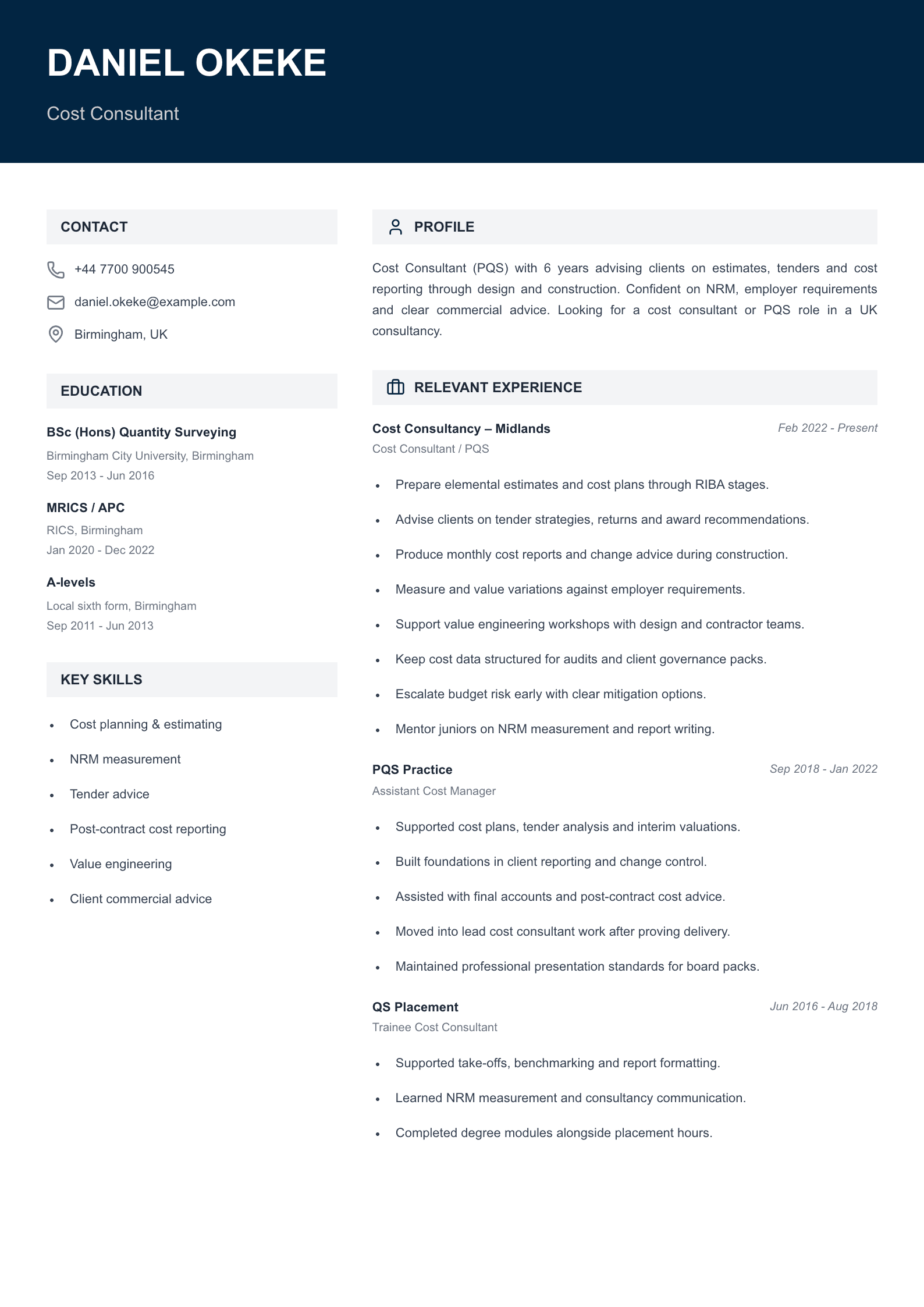 cost consultant CV template