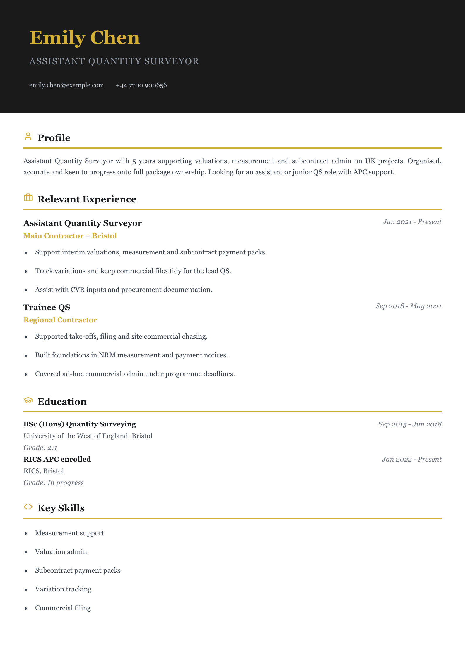assistant quantity surveyor CV template