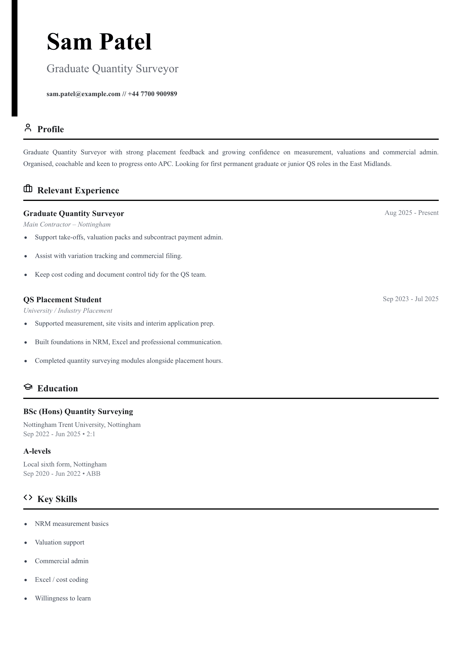 graduate quantity surveyor CV template