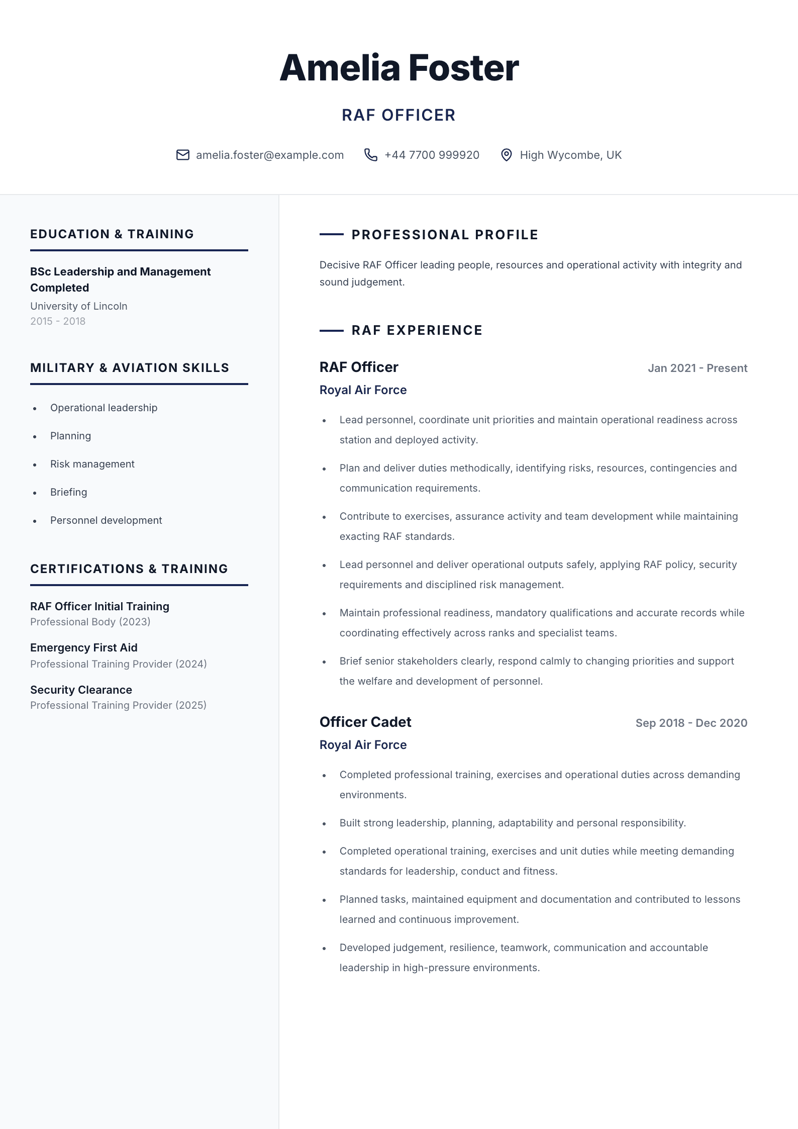 RAF officer CV