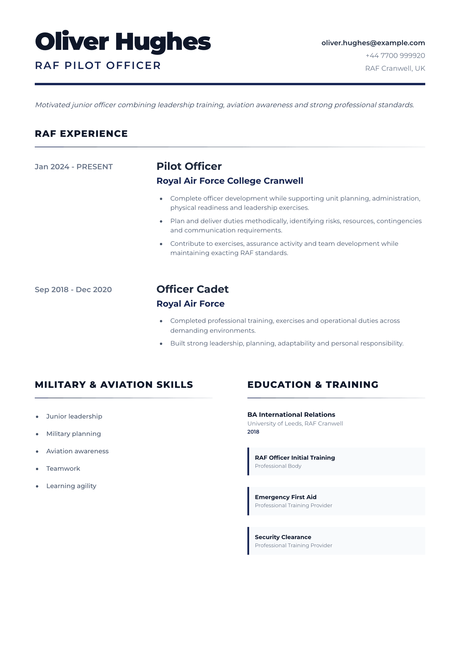 RAF Pilot Officer CV template