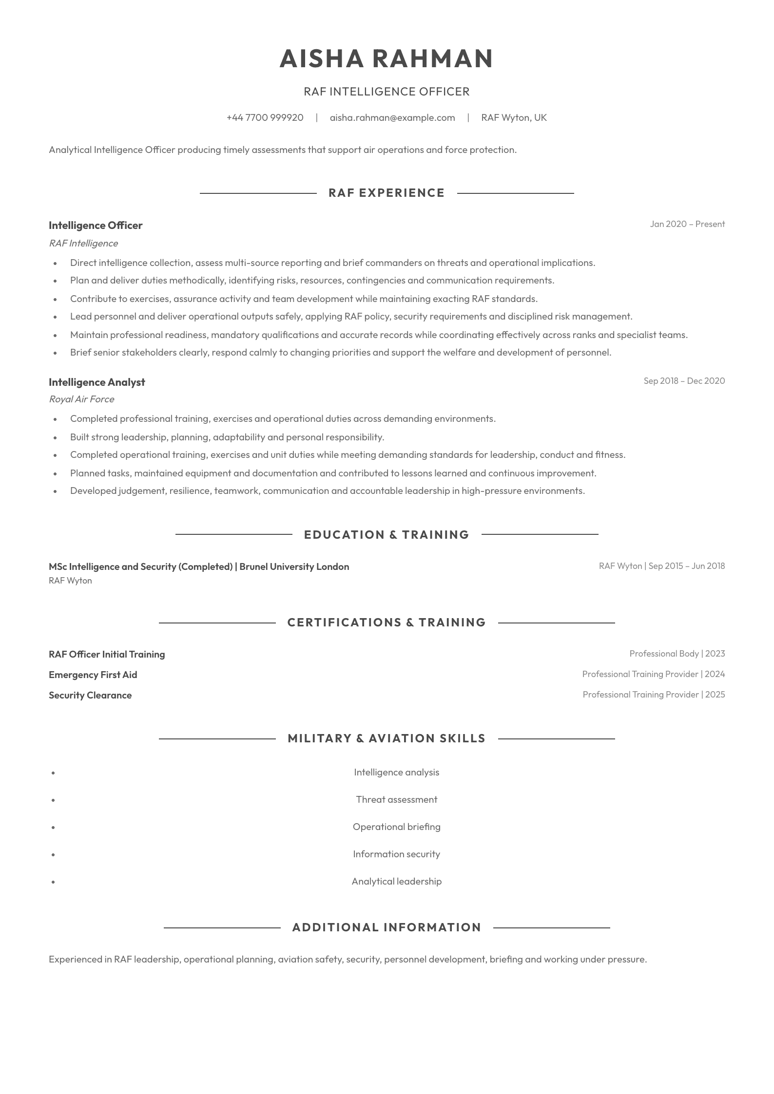 RAF Intelligence Officer CV template