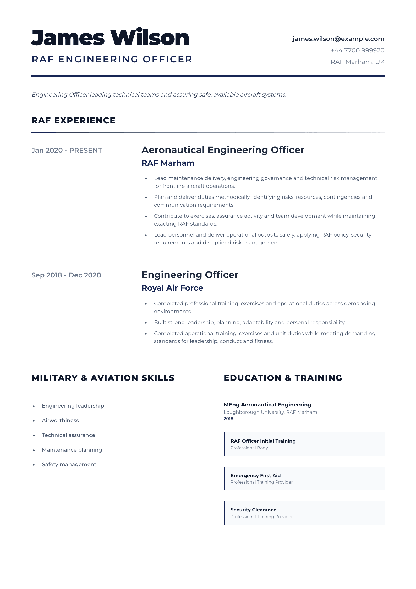 RAF Engineering Officer CV template