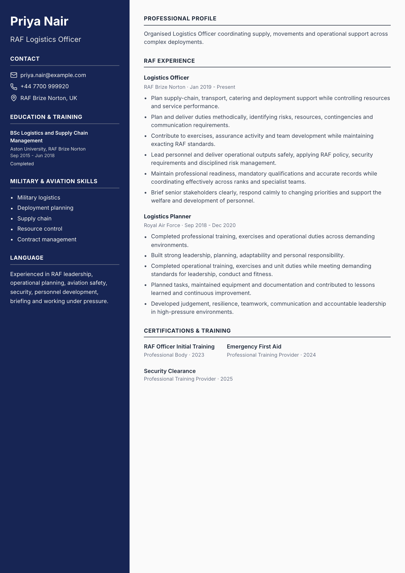 RAF Logistics Officer CV template
