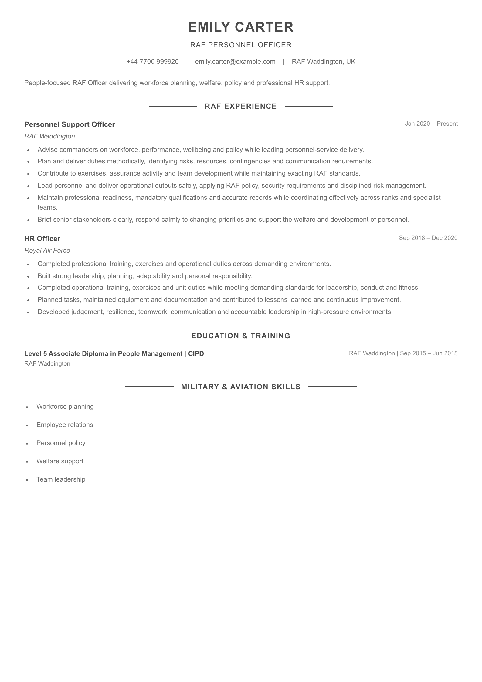 RAF Personnel Officer CV template
