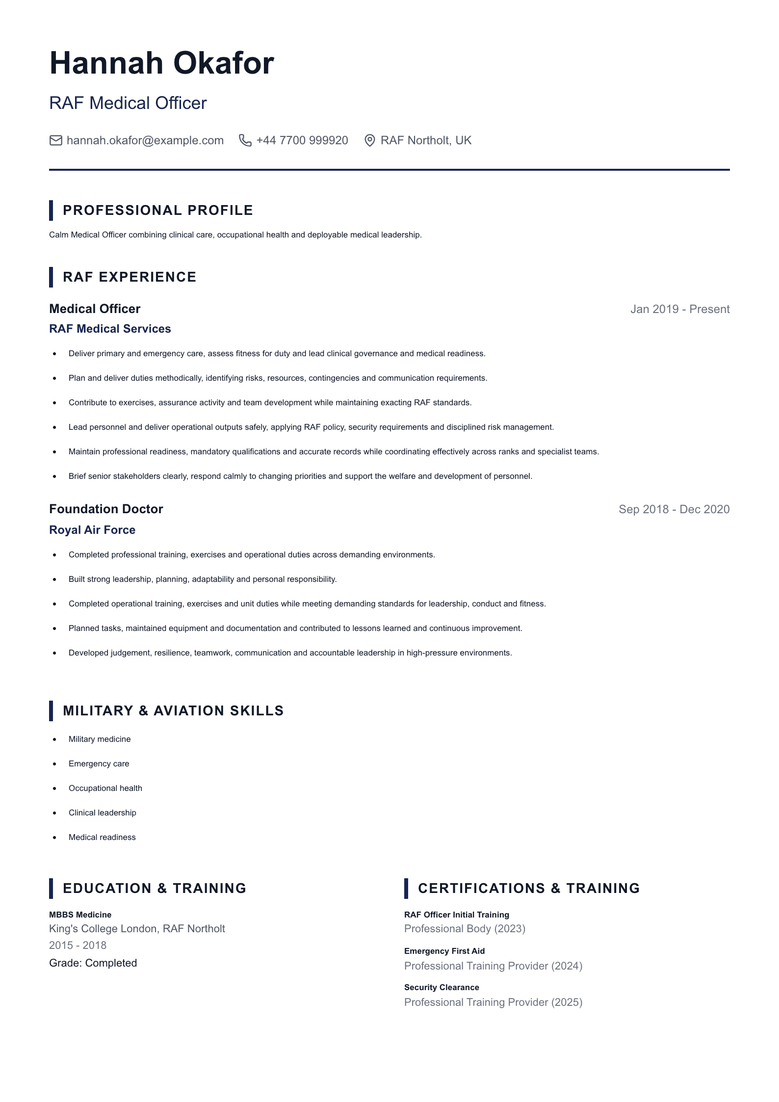 RAF Medical Officer CV template