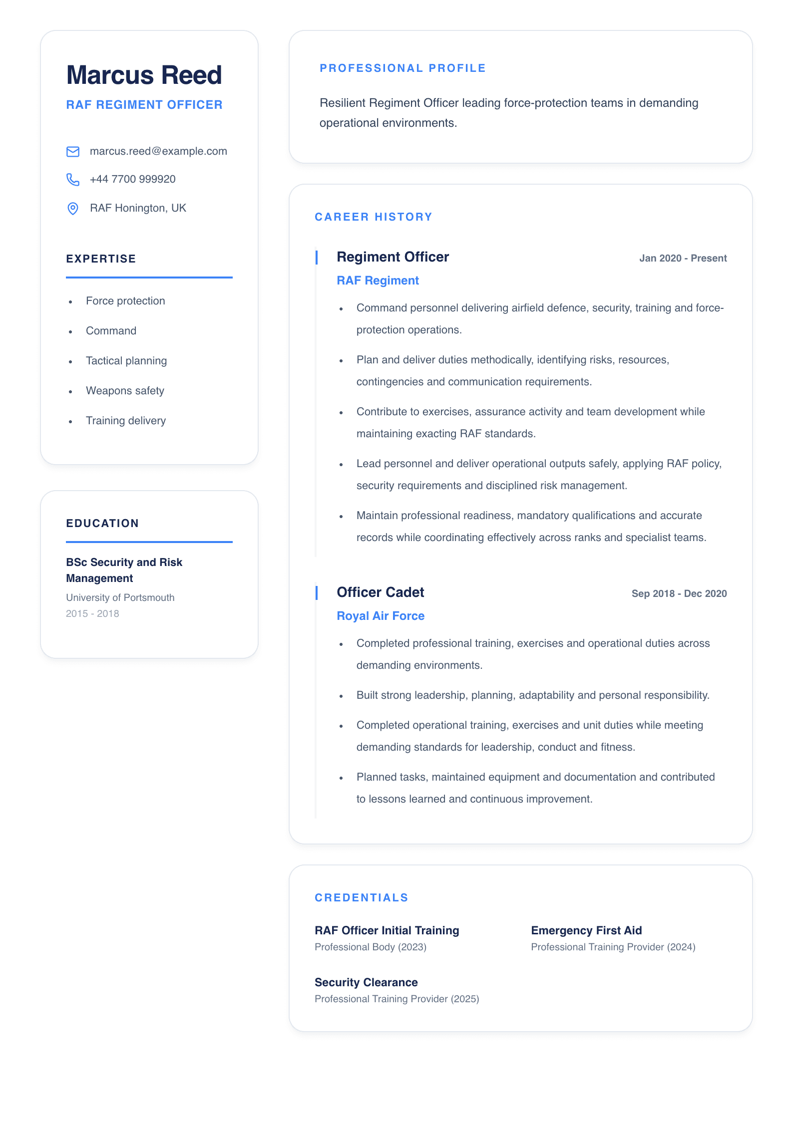 RAF Regiment Officer CV template