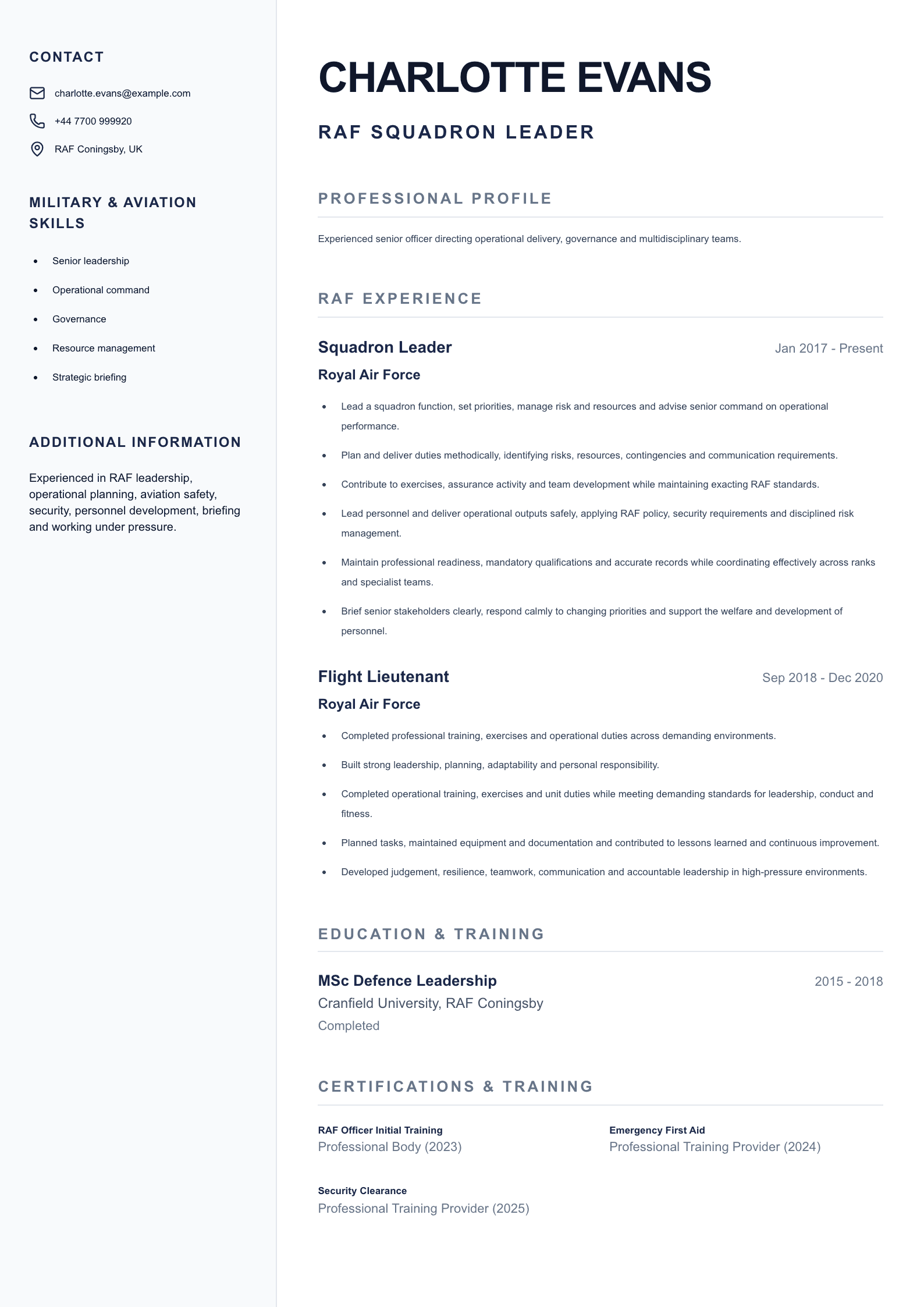 RAF Squadron Leader CV template