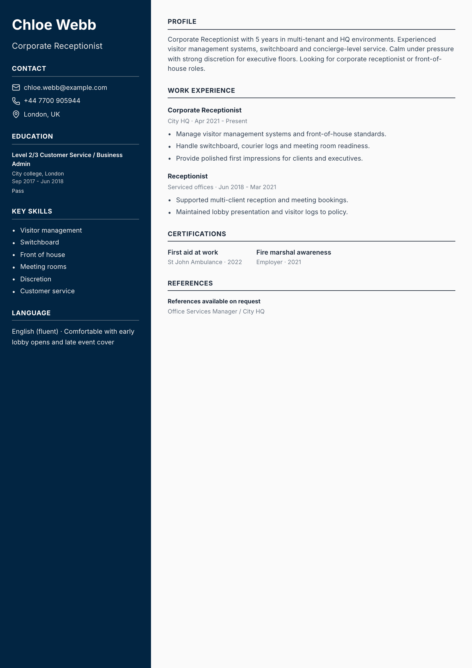 corporate receptionist cv template
