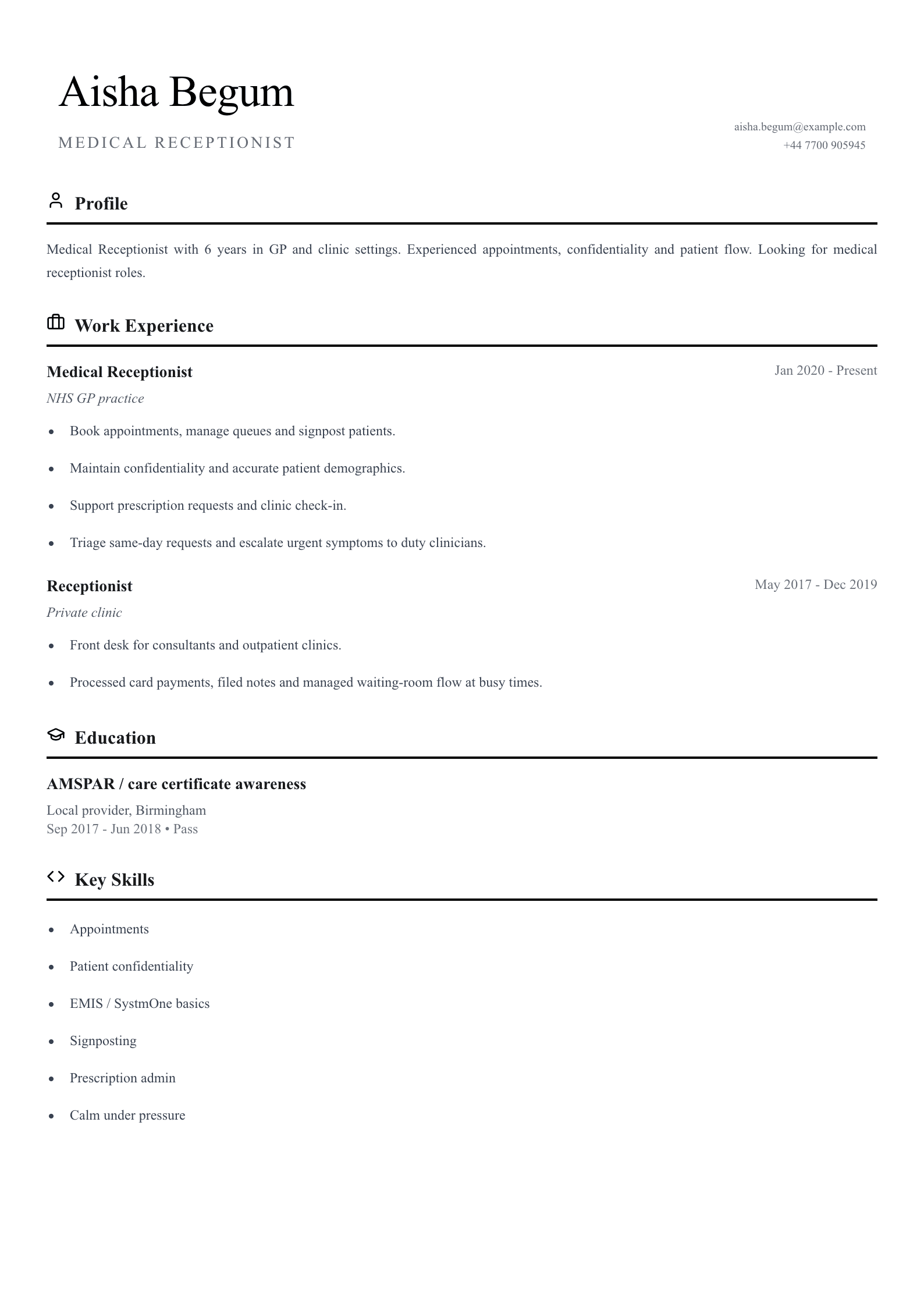 medical receptionist cv template