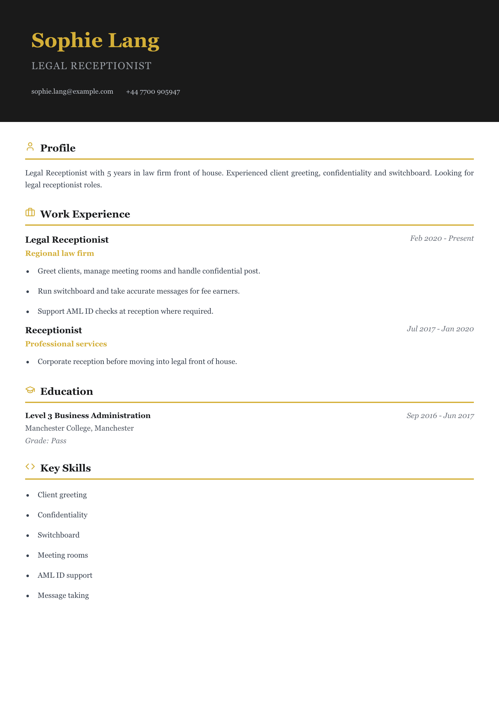 legal receptionist cv template