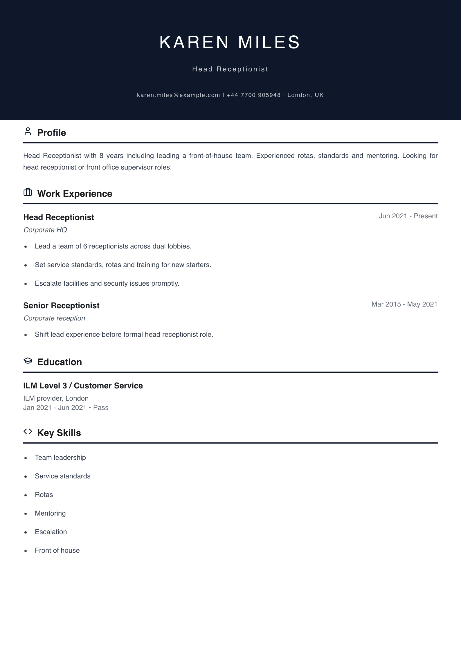 head receptionist cv template