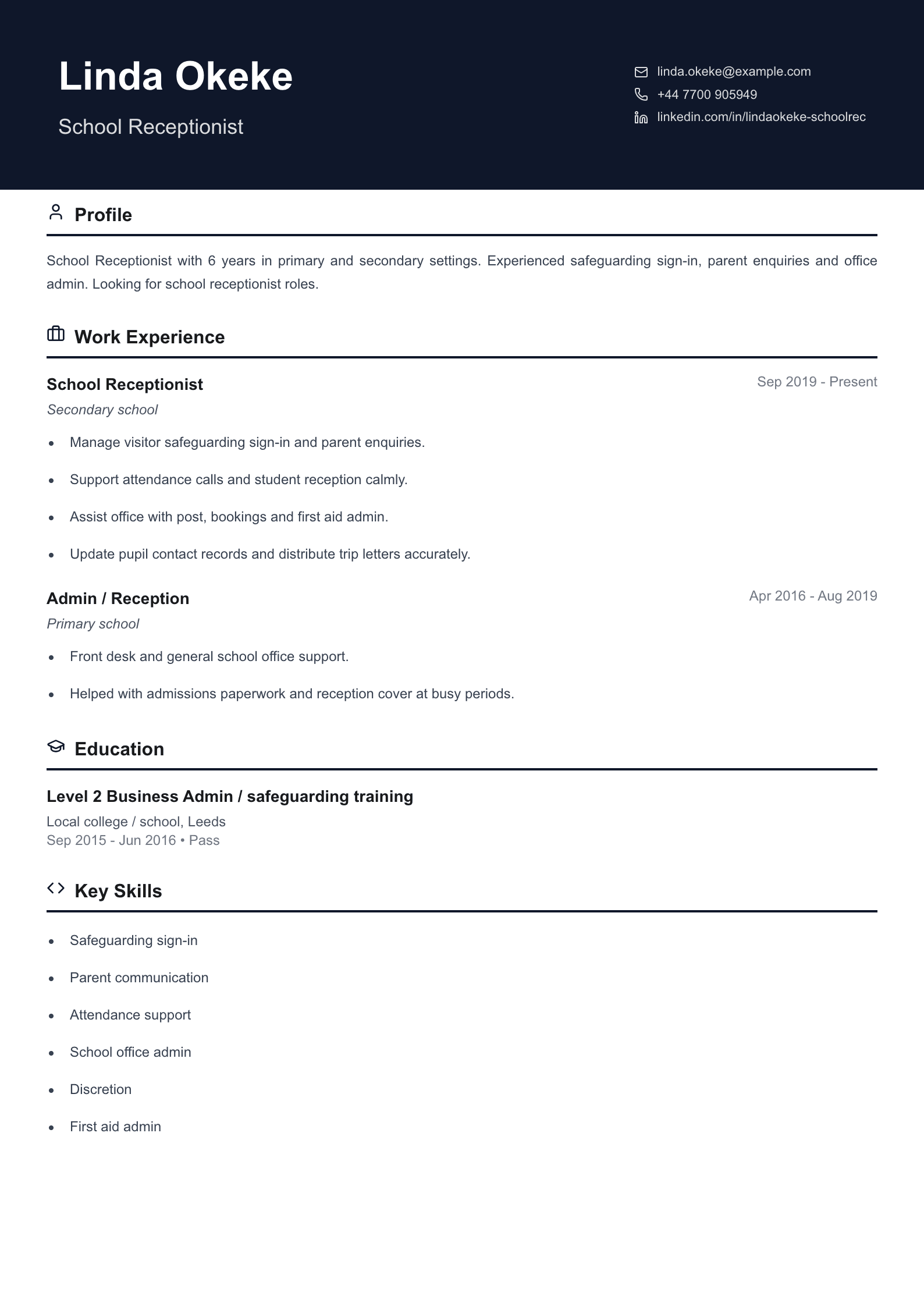 school receptionist cv template