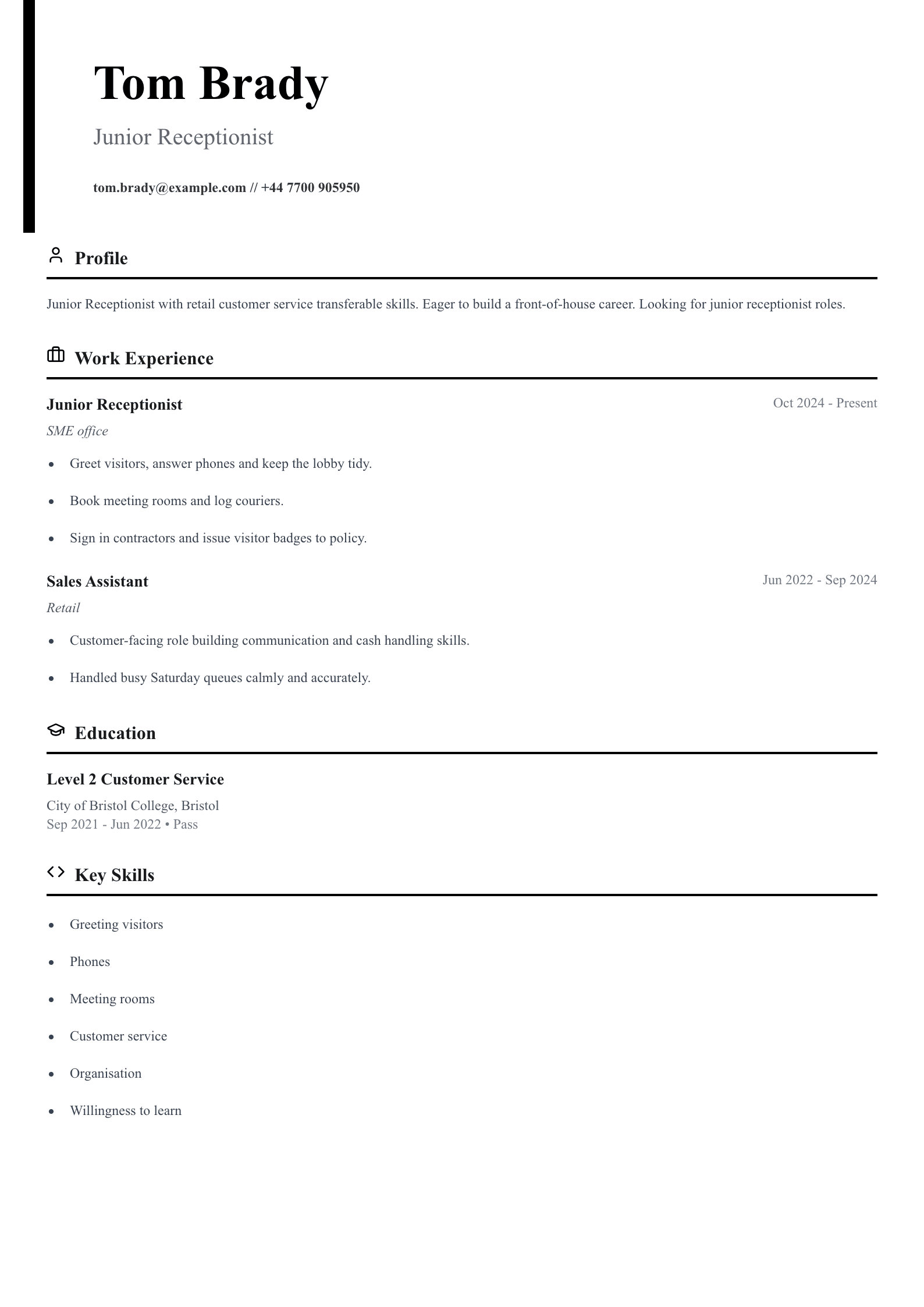 junior receptionist cv template